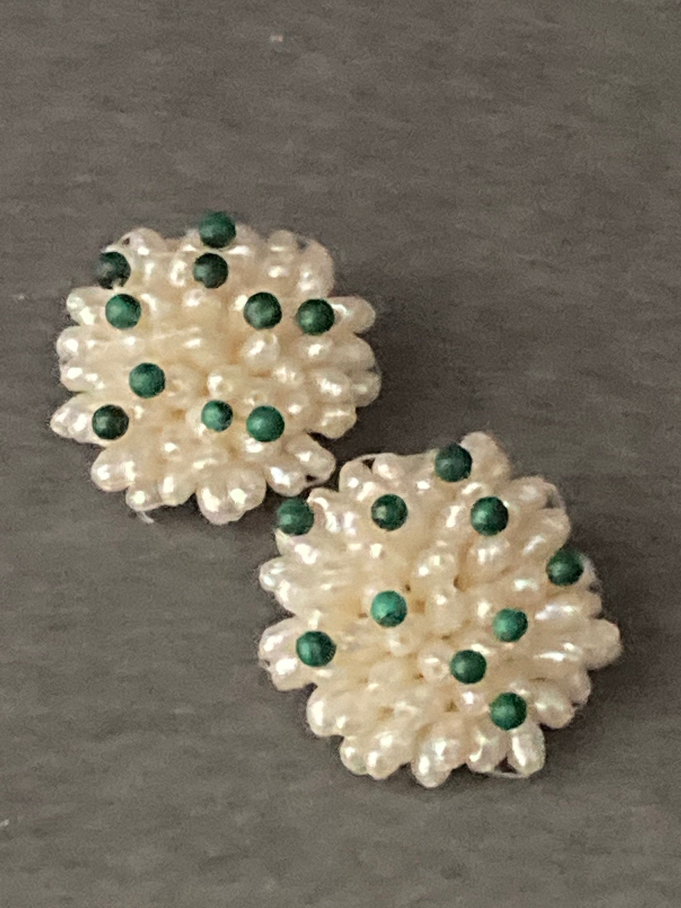 Vintage faux Pearl plastic beaded with malachite beads Cluster flower Clip On Earrings