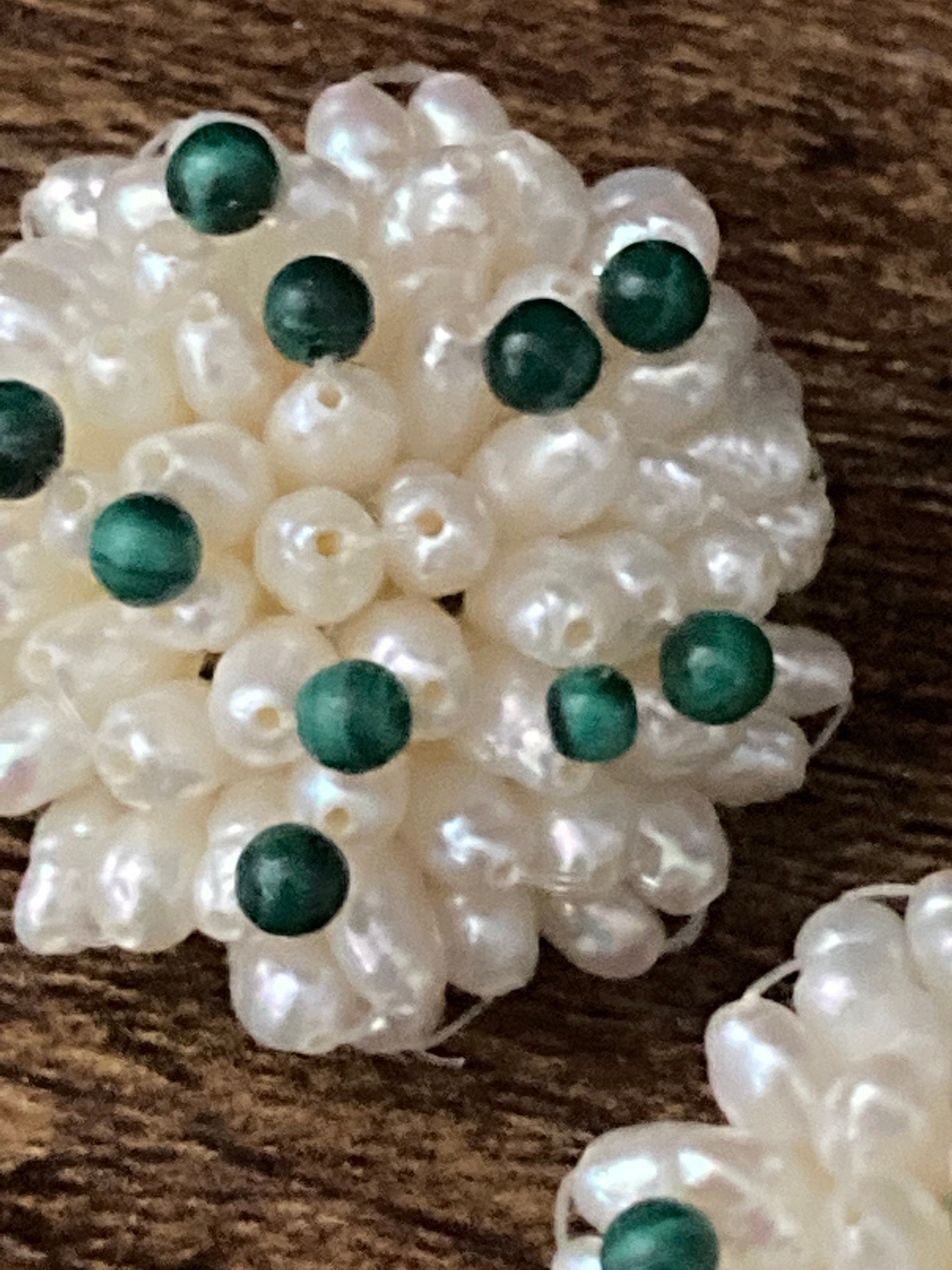 Vintage faux Pearl plastic beaded with malachite beads Cluster flower Clip On Earrings