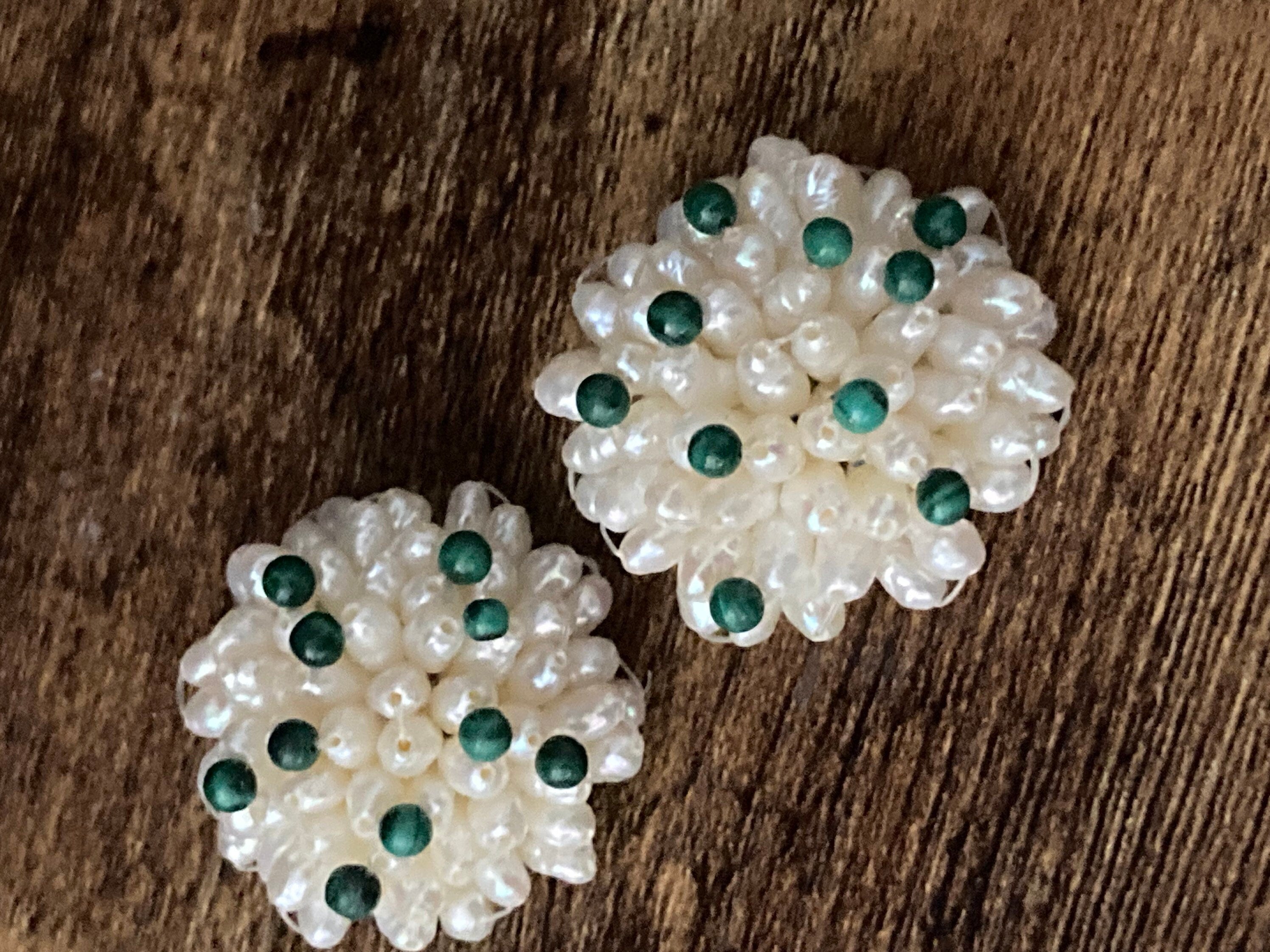 Vintage faux Pearl plastic beaded with malachite beads Cluster flower Clip On Earrings