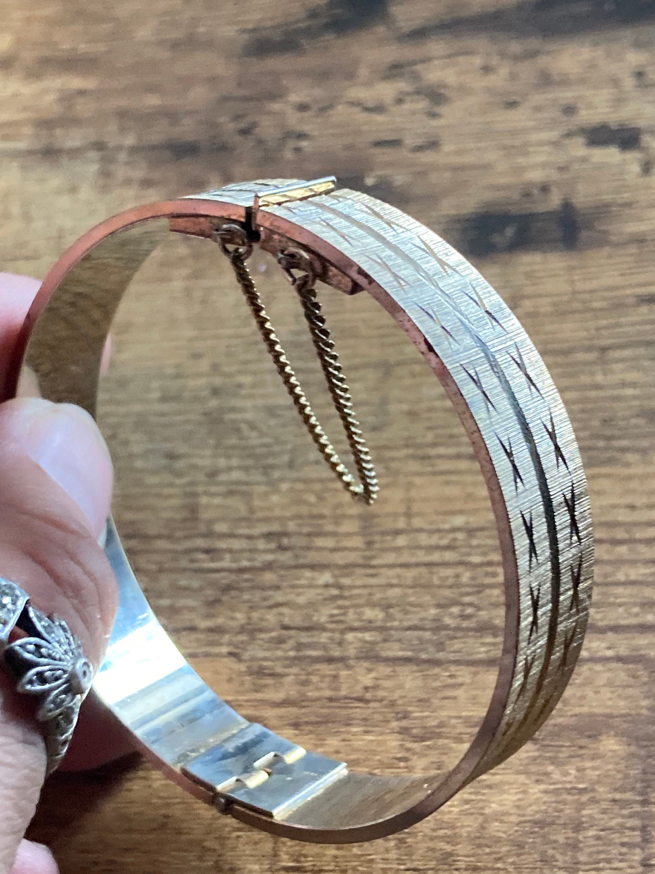 1980s Champagne Gold tone etched wide clamper Bangle