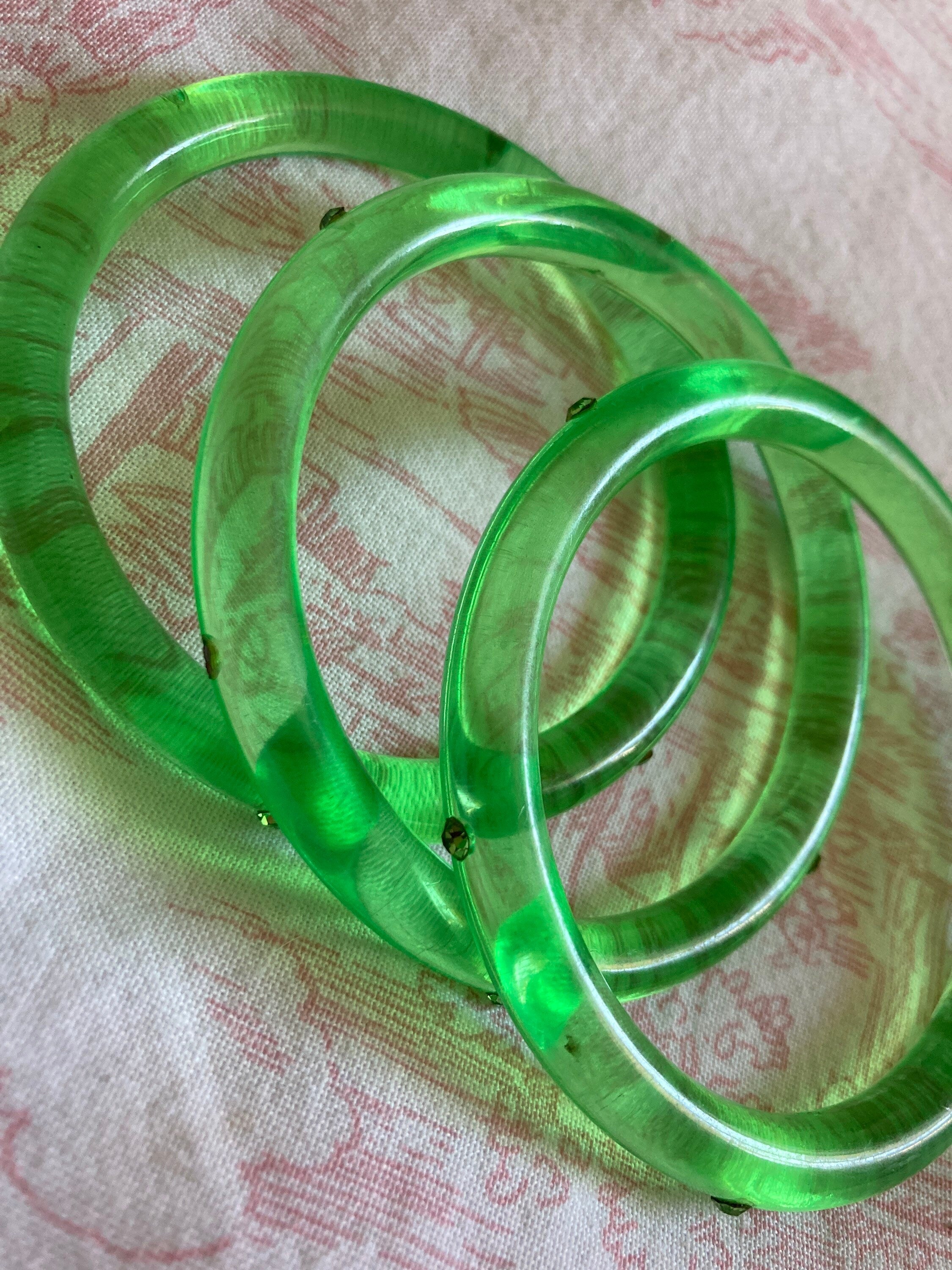 LIME GREEN diamanté stack of vintage opaque plastic bangles