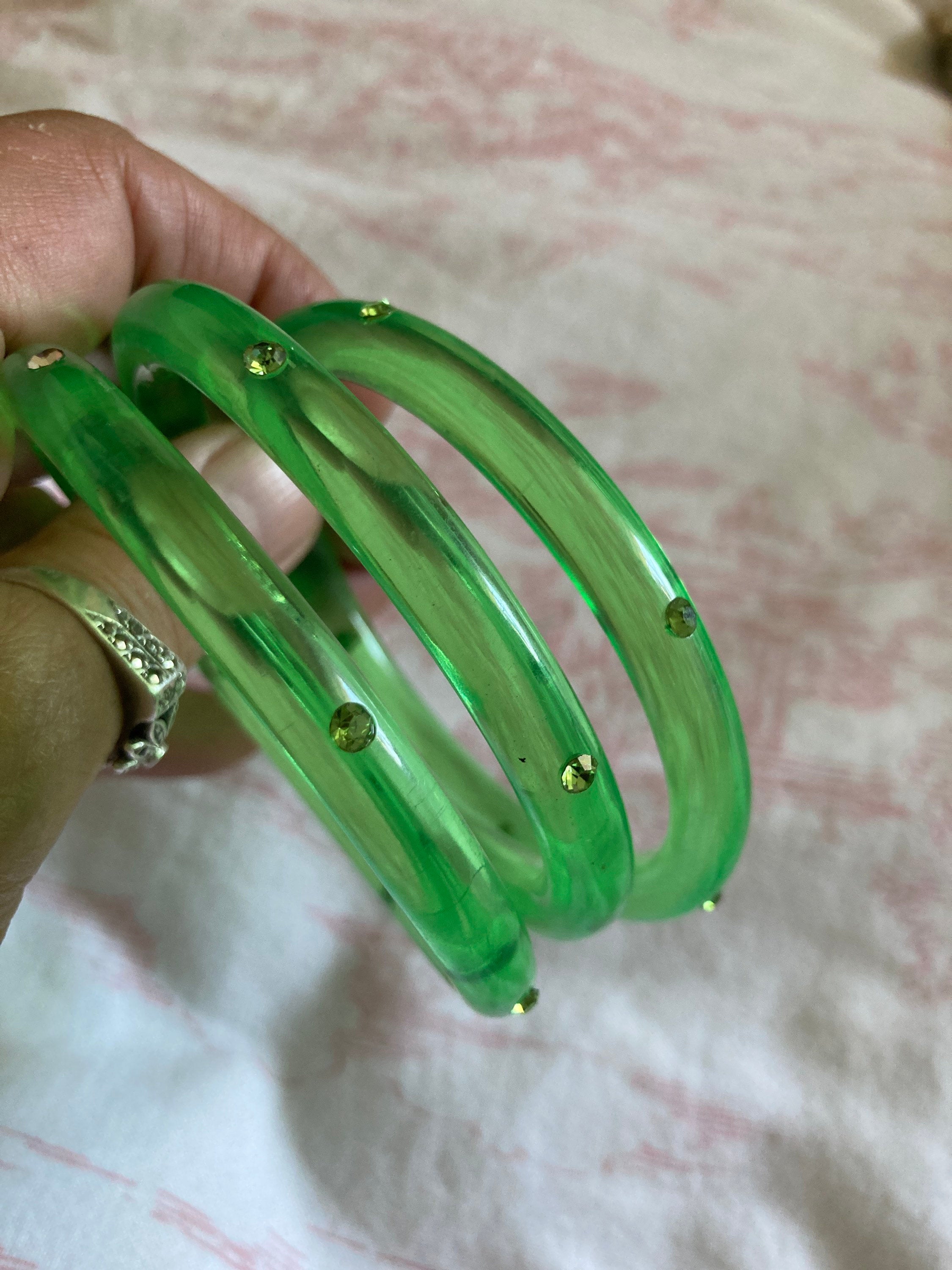 LIME GREEN diamanté stack of vintage opaque plastic bangles