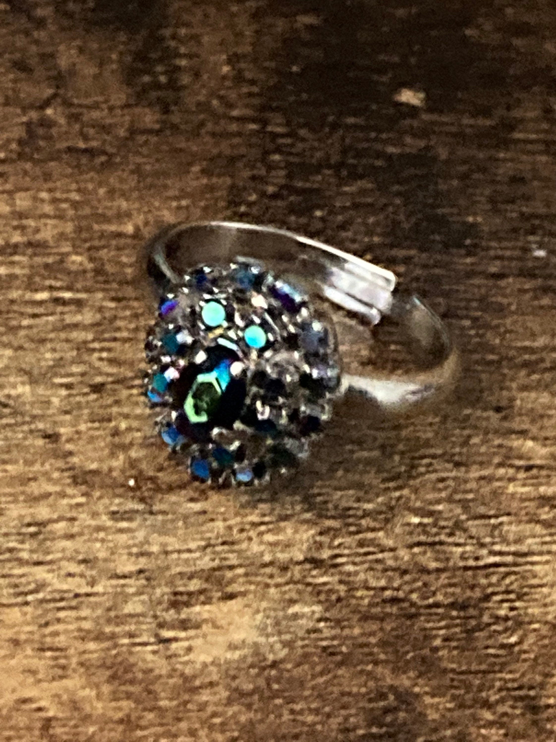 Vintage Aurora Borealis Glass Cluster Ring - Adjustable Silver Tone