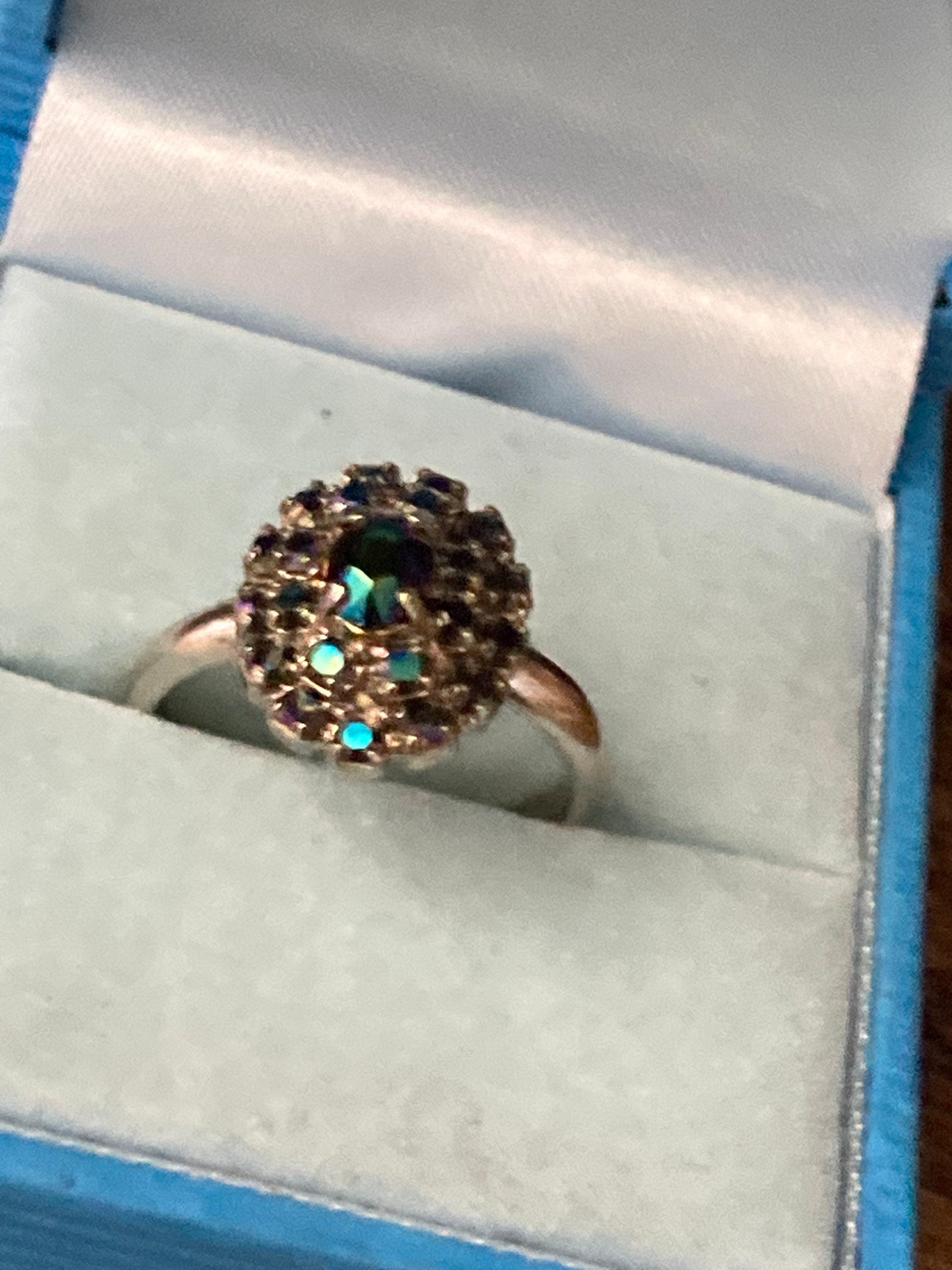 Vintage Aurora Borealis Glass Cluster Ring - Adjustable Silver Tone
