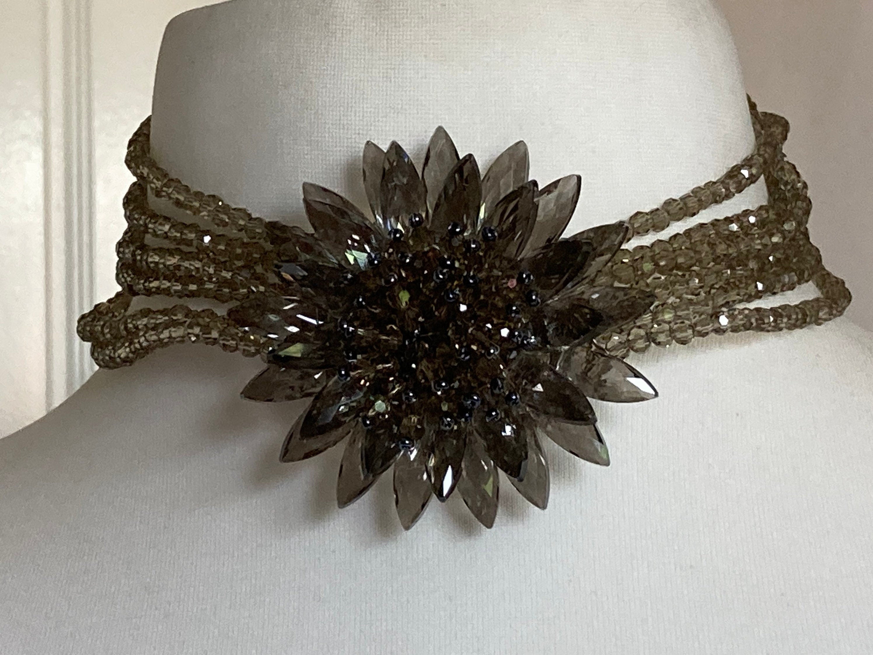 Sterling 925 clasp grey glass floral multi-strand choker necklace