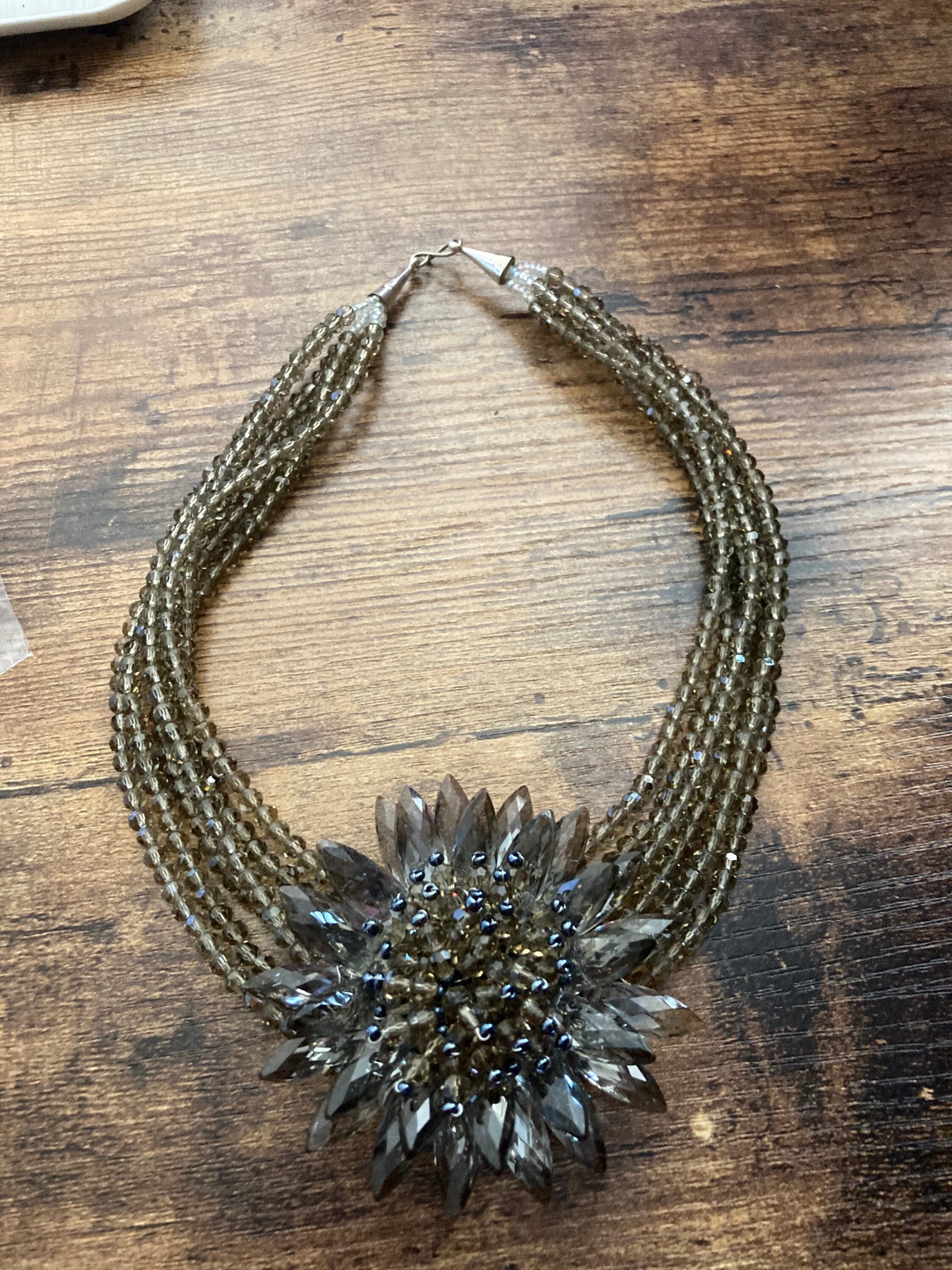 Sterling 925 clasp grey glass floral multi-strand choker necklace