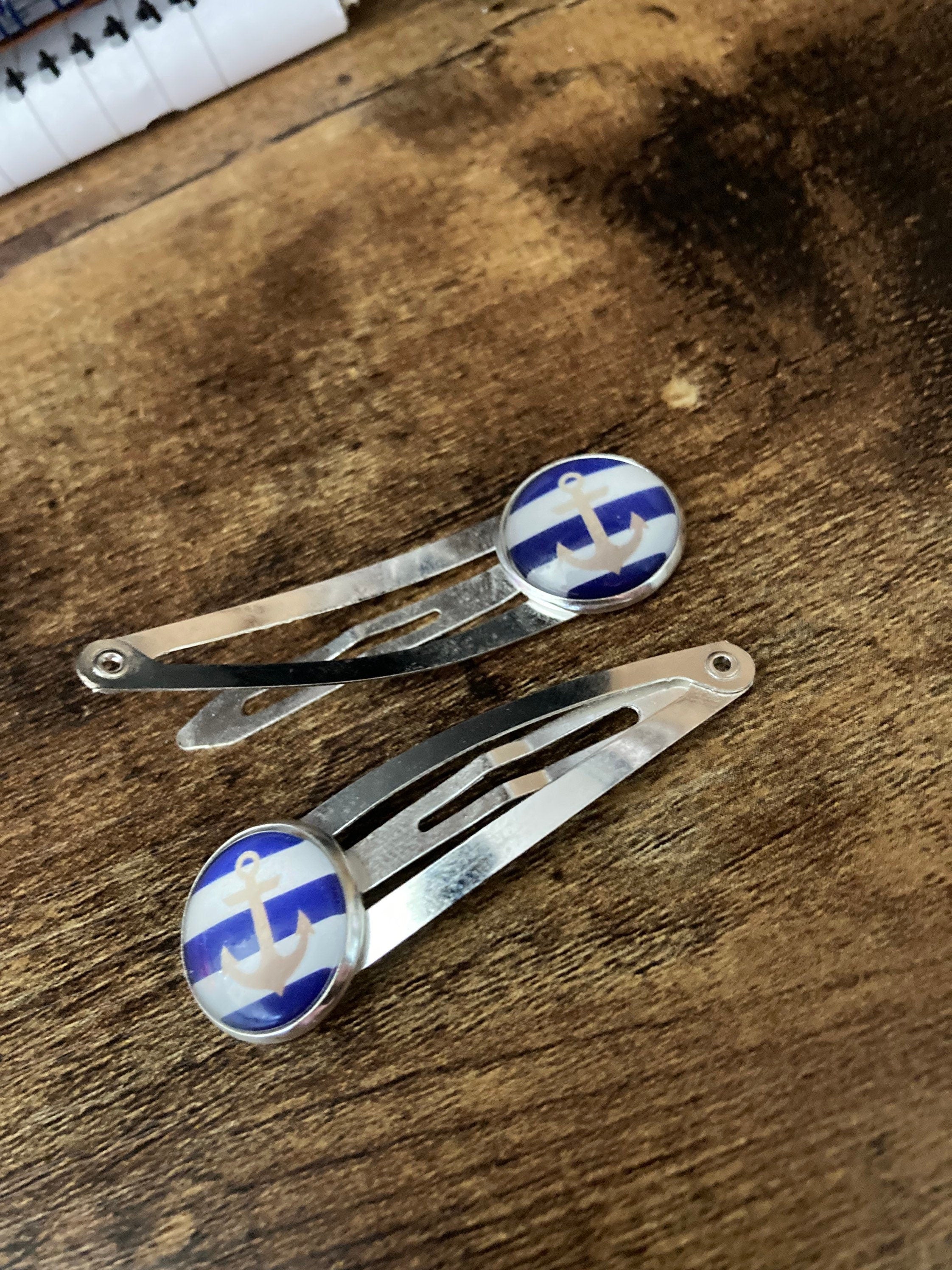 pair of Blue White Striped Anchor Nautical snap hair clips