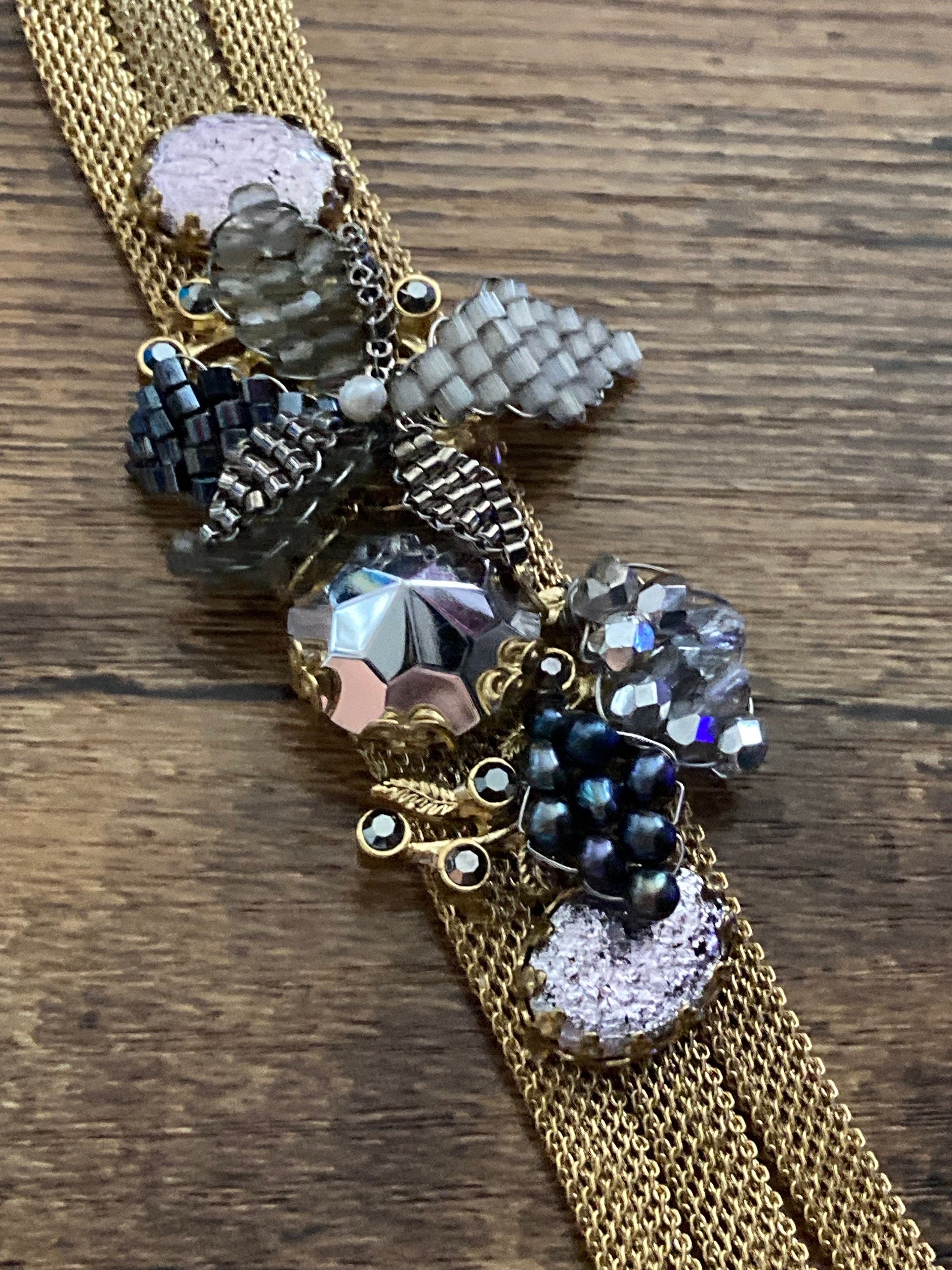 gold tone MESH wide beaded cabochon bracelet Art Deco Vintage