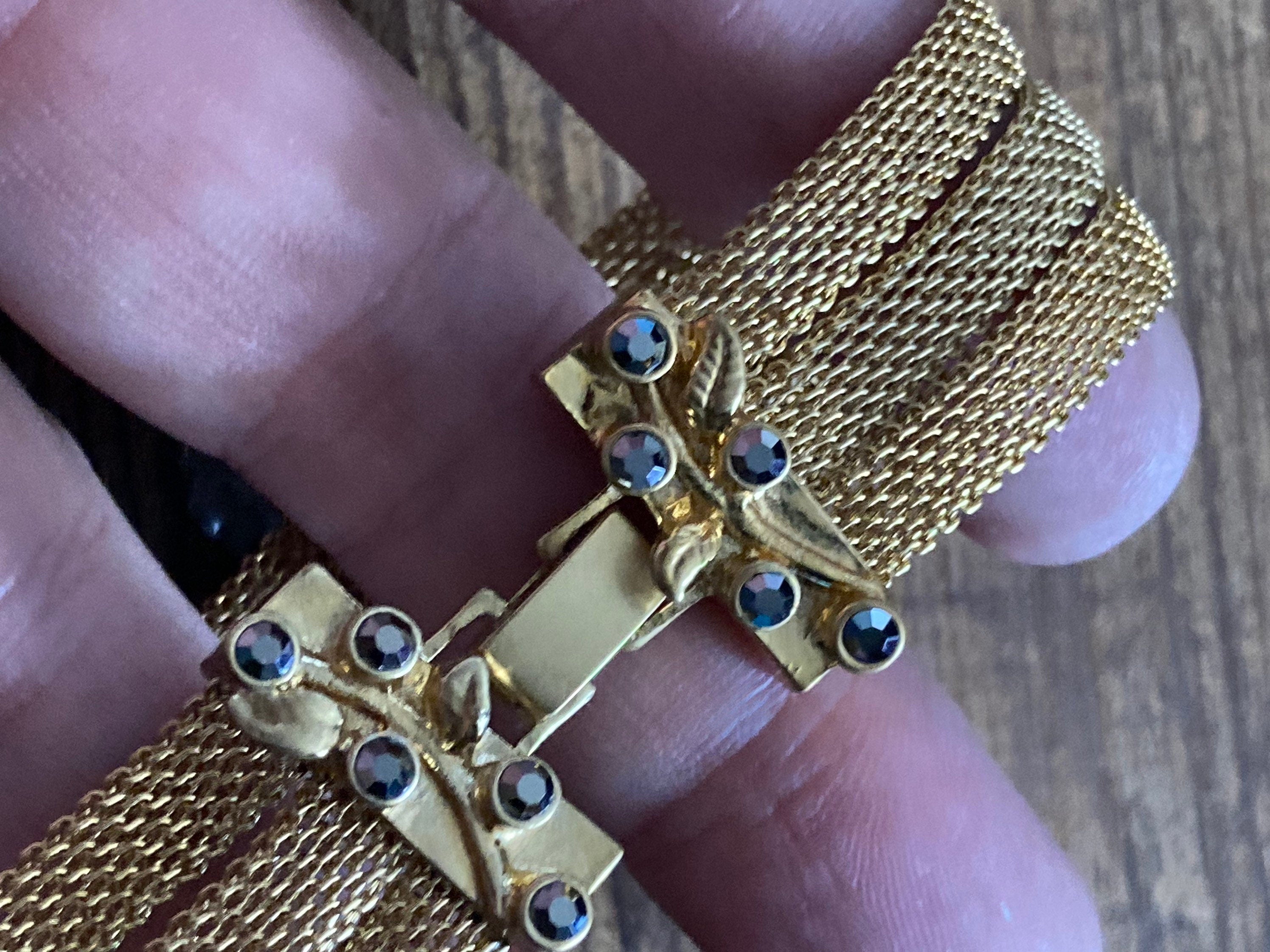 gold tone MESH wide beaded cabochon bracelet Art Deco Vintage