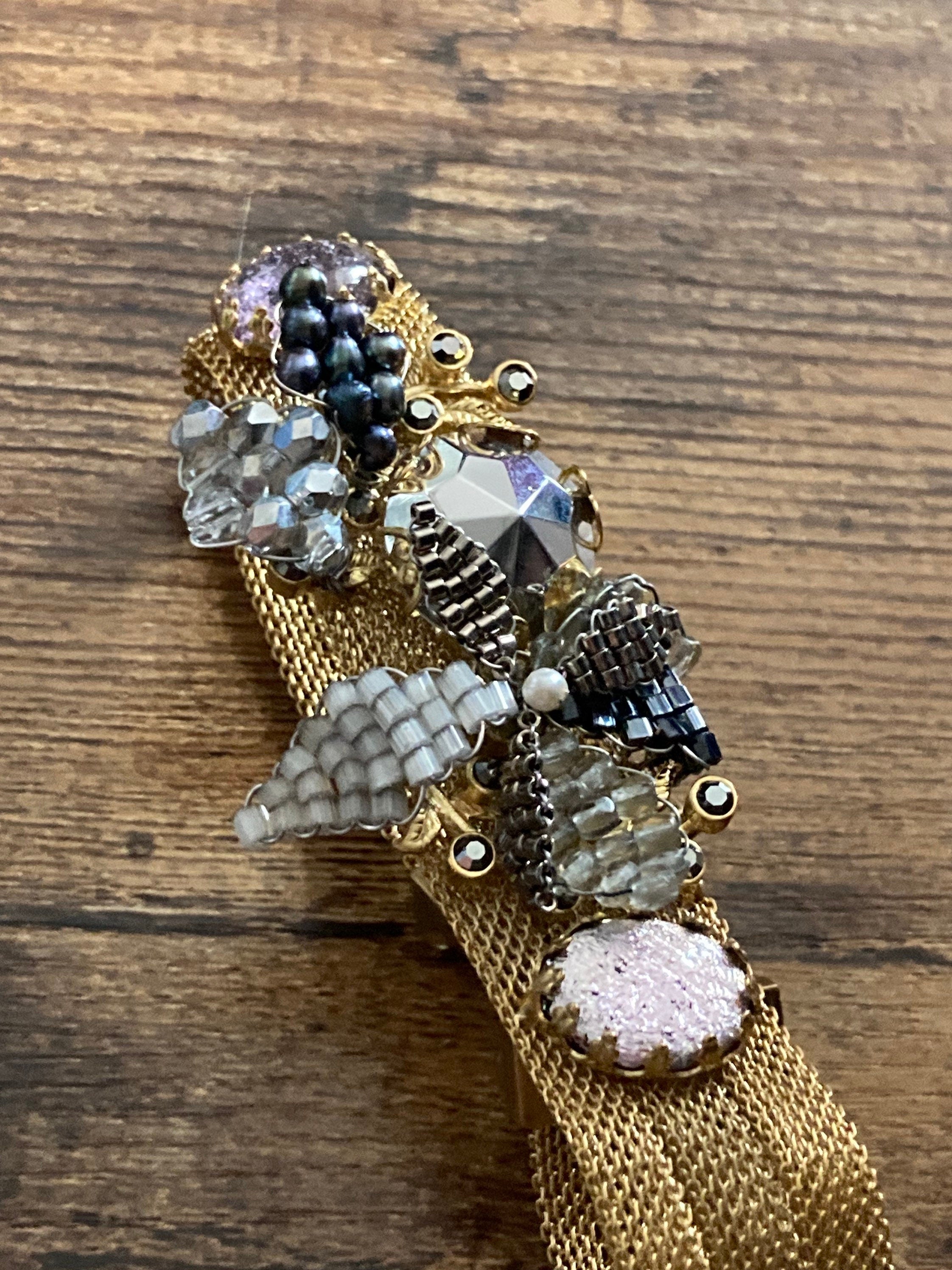 gold tone MESH wide beaded cabochon bracelet Art Deco Vintage