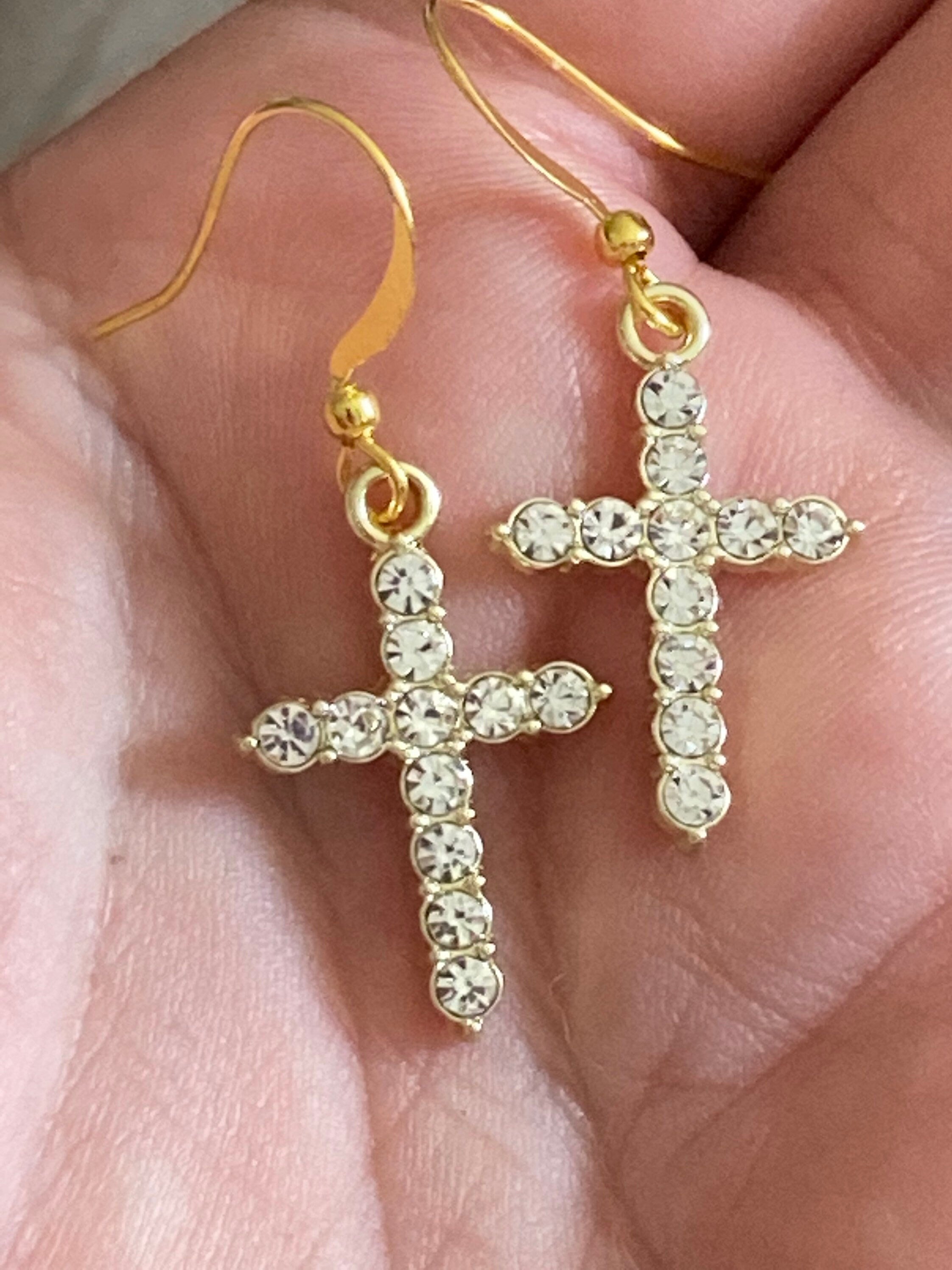 Small gold diamanté crystal cross earrings, pierced