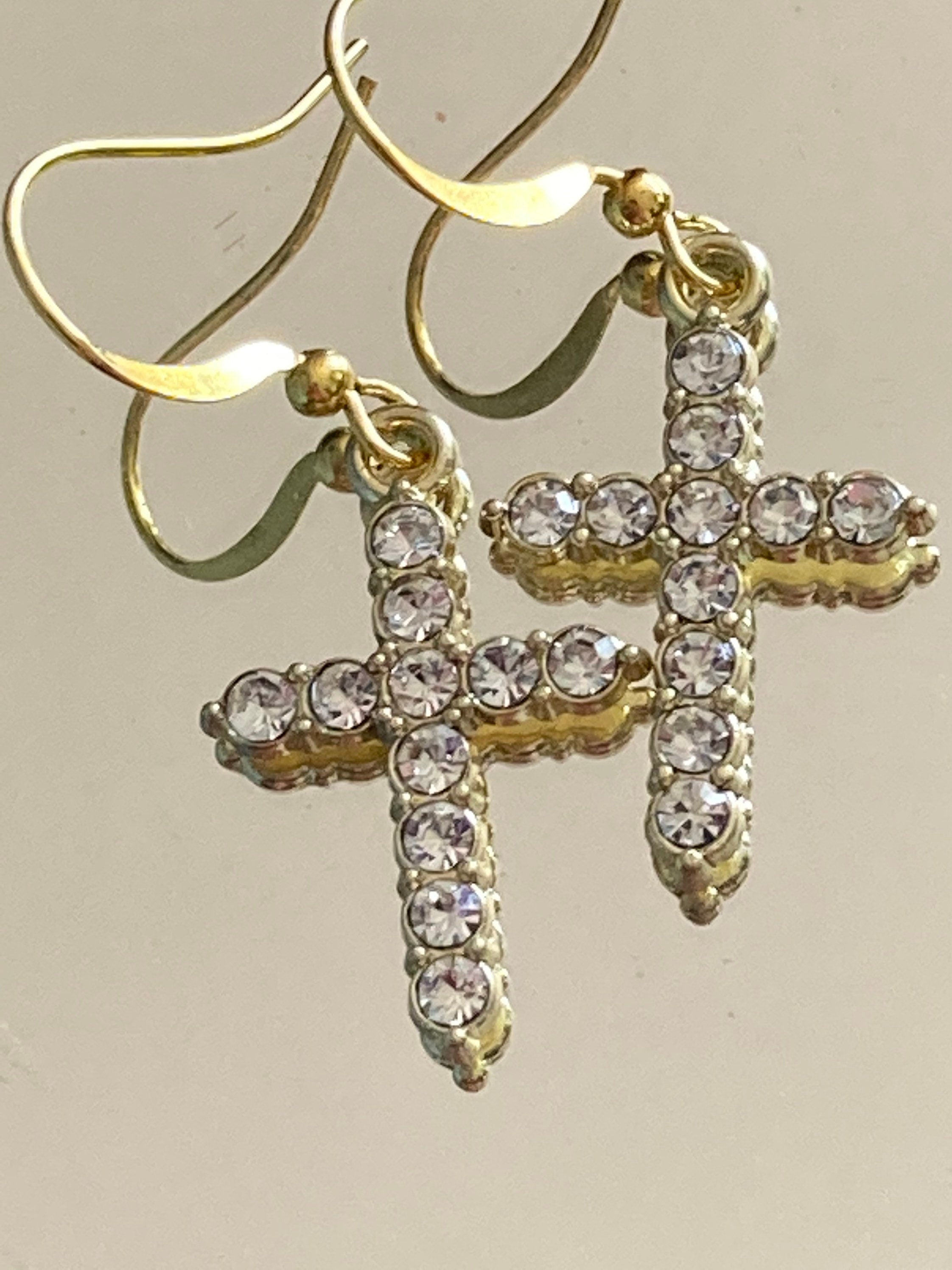 Small gold diamanté crystal cross earrings, pierced