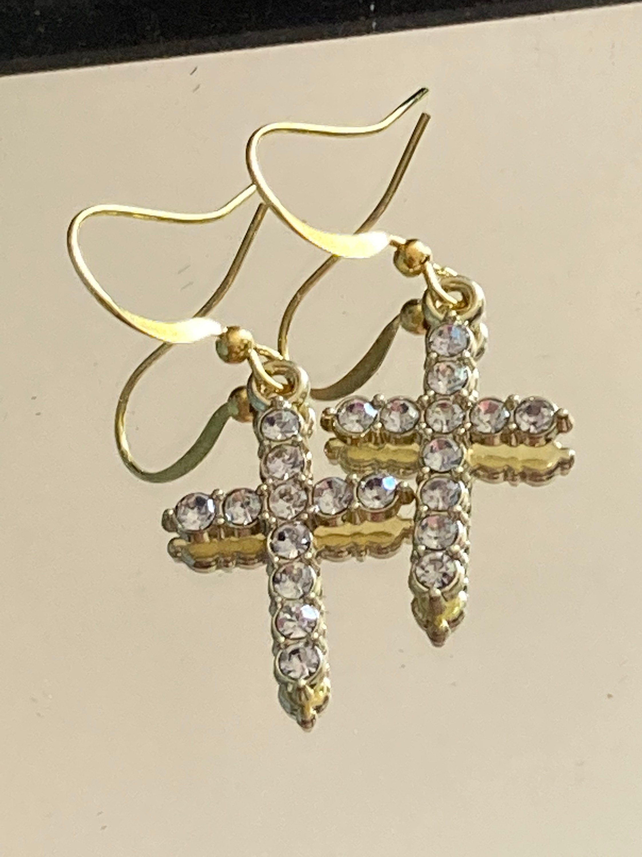 Small gold diamanté crystal cross earrings, pierced