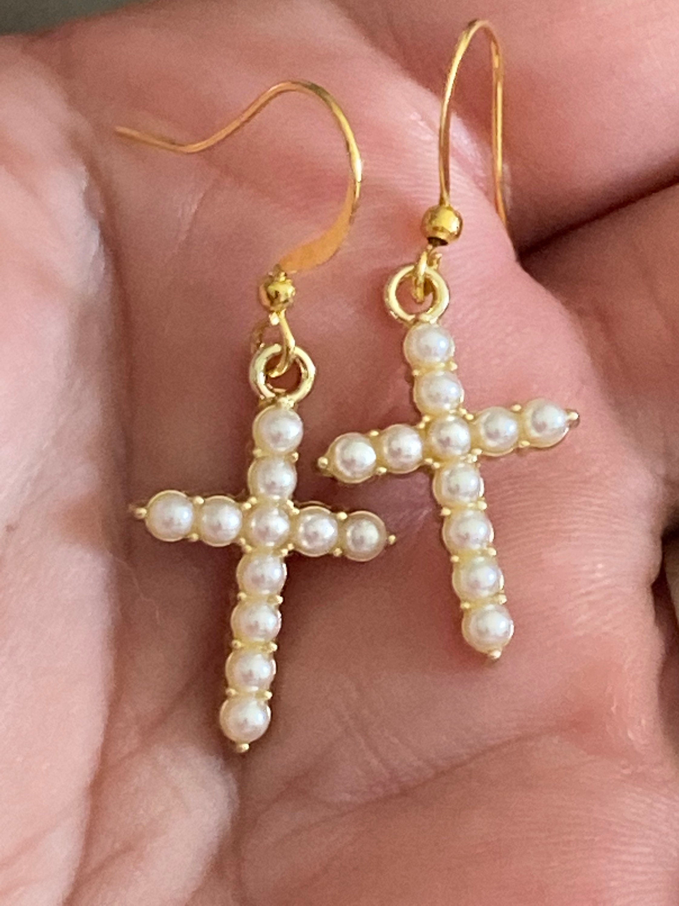 white seed Pearl cross drop earrings, gold tone