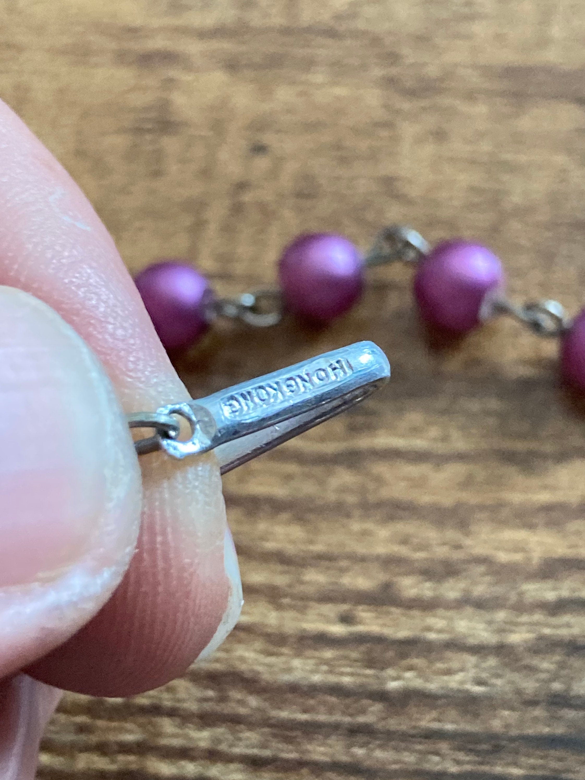 HONG KONG Vintage 1960s pink purple crackle glaze plastic pearl beaded Multistrand necklace