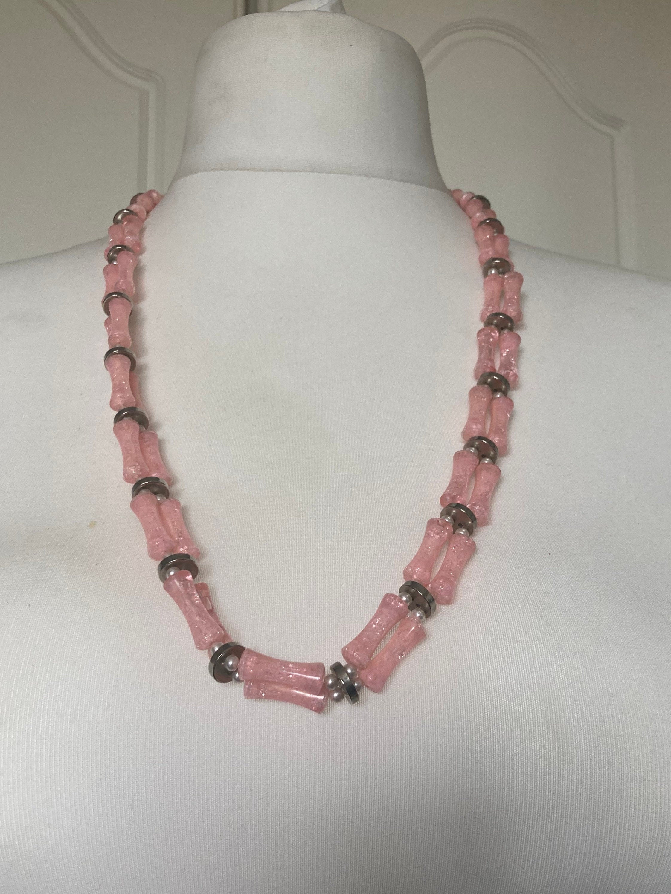 Vintage 1960s 2 strand pink plastic beaded faux Pearl long necklace
