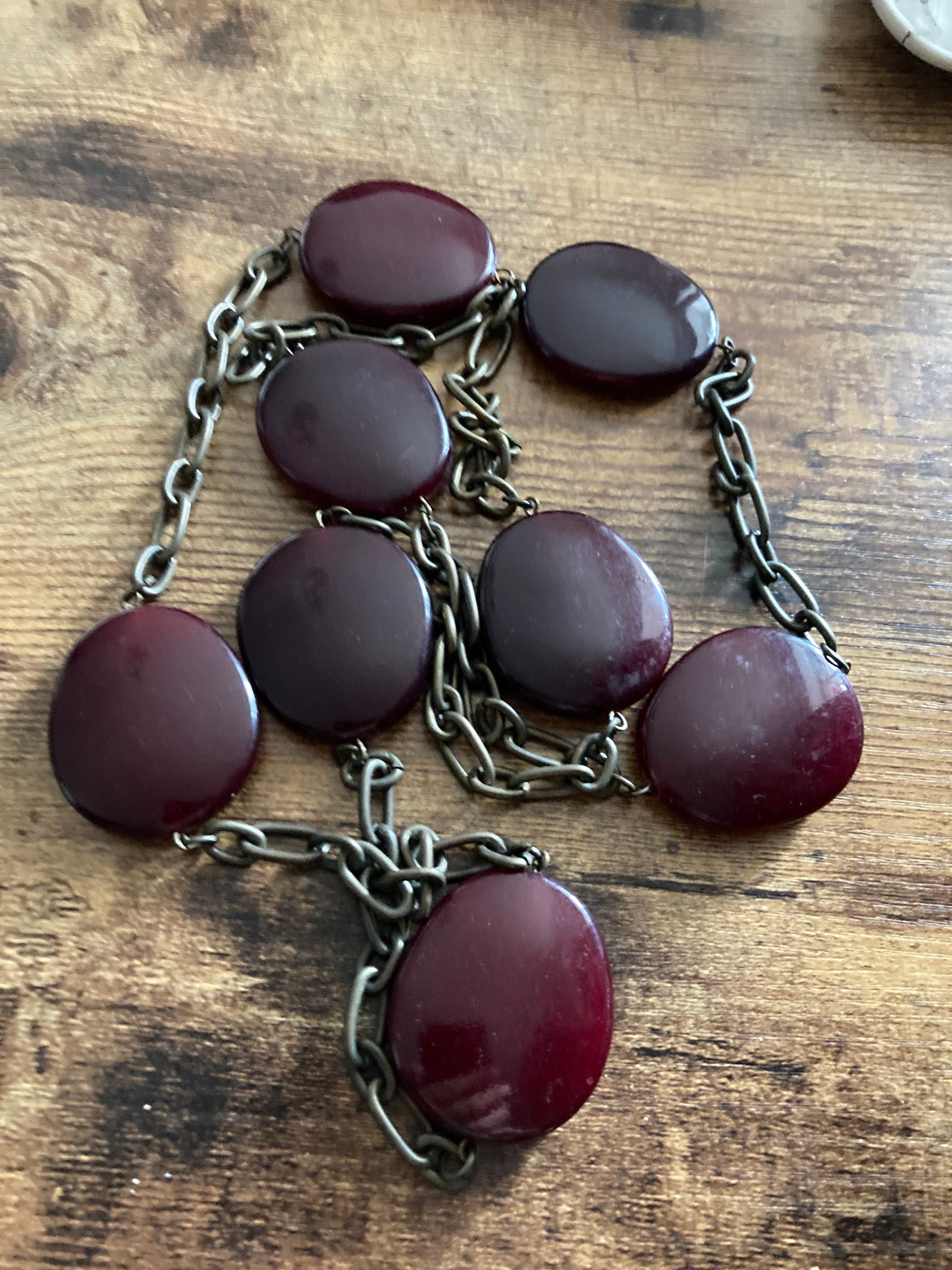 Retro Beaded Necklace, Red Brown Plastic, Antique Gold Tone