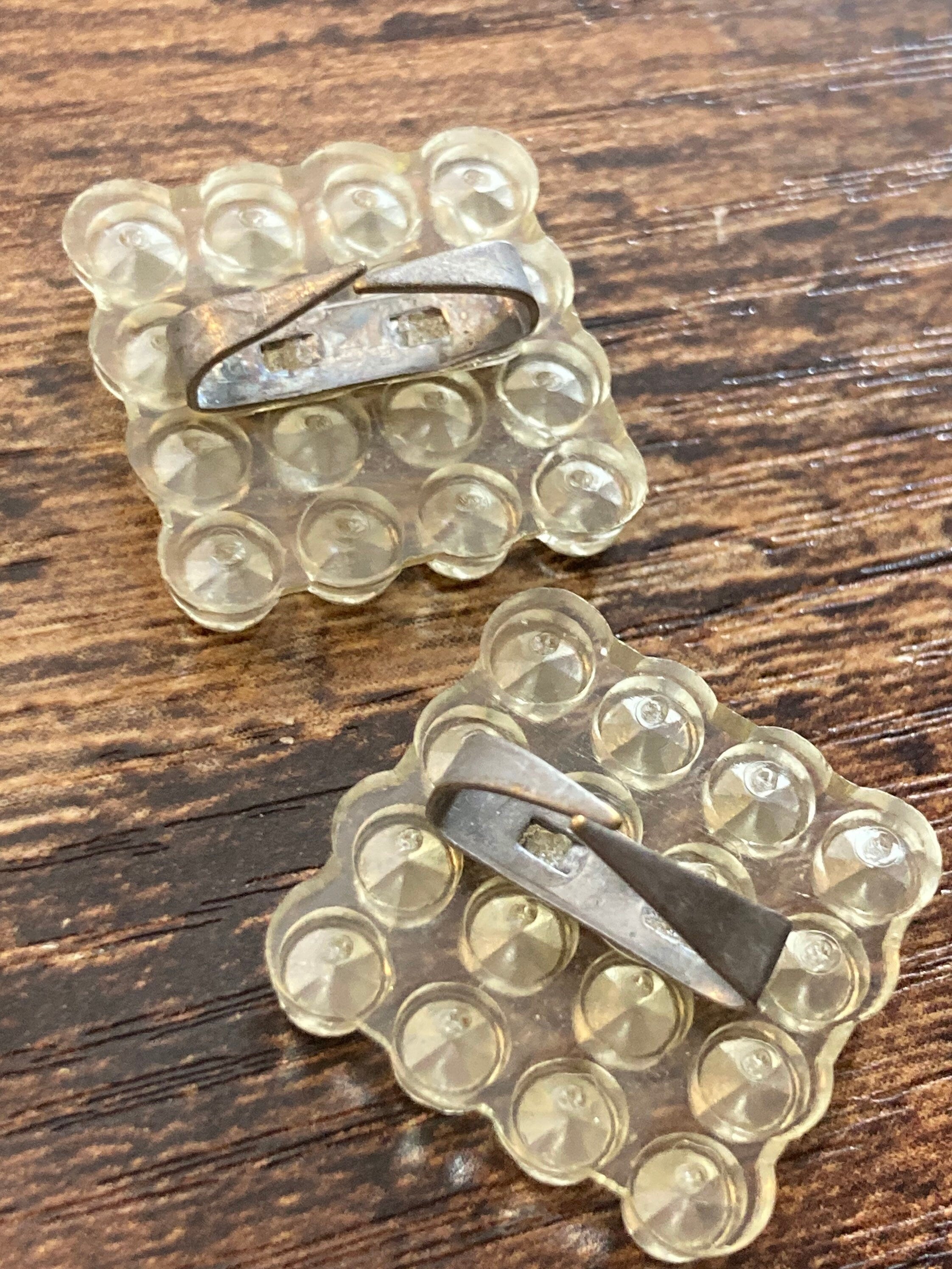 Celluloid square plastic shoe clips, vintage diamanté