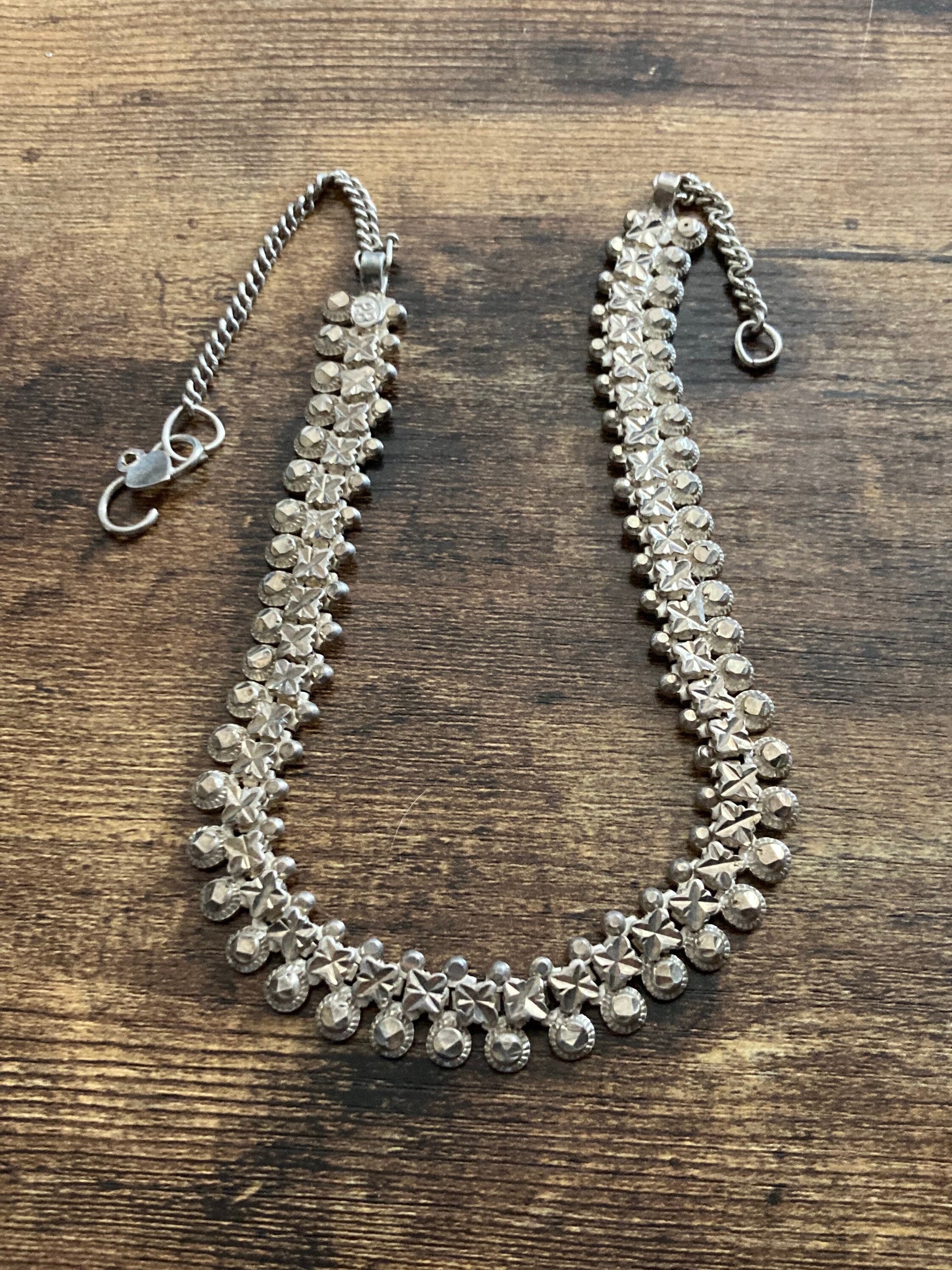 White metal Indian Silver modernist wide flat link chain signed PB choker necklace