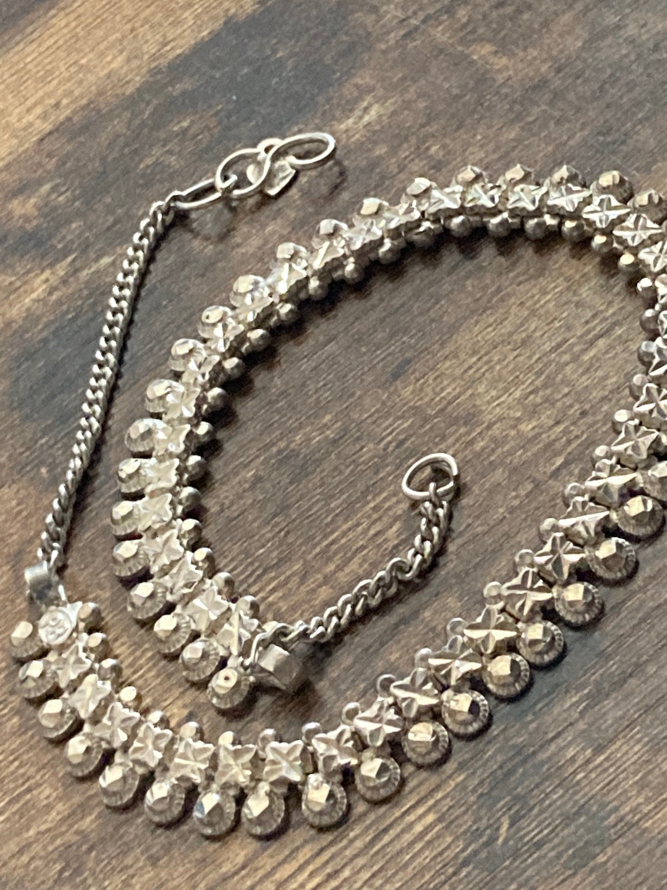 White metal Indian Silver modernist wide flat link chain signed PB choker necklace