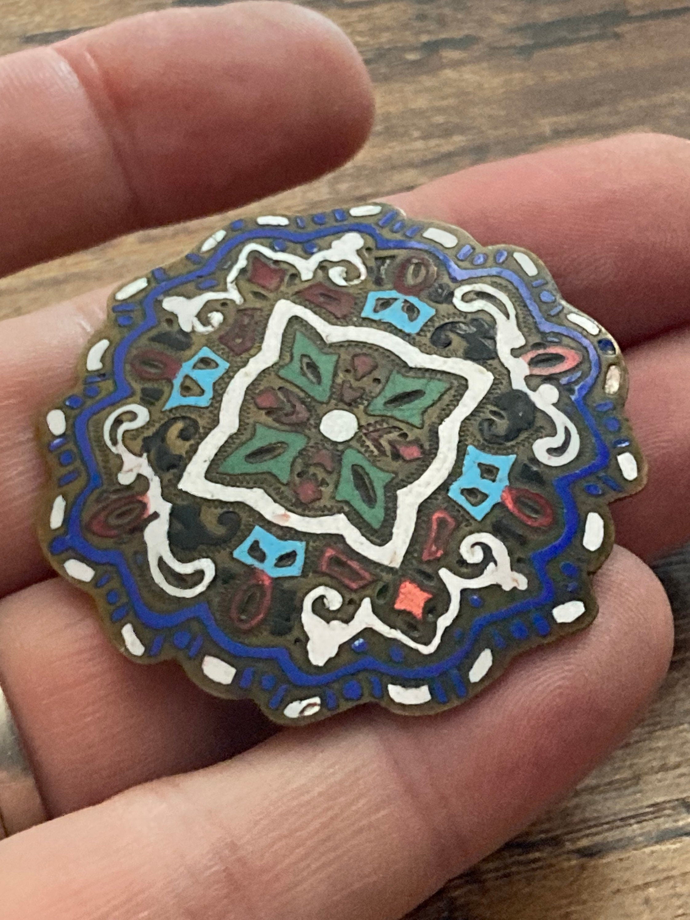 Art Deco large brass cloisonné enamel round domed brooch