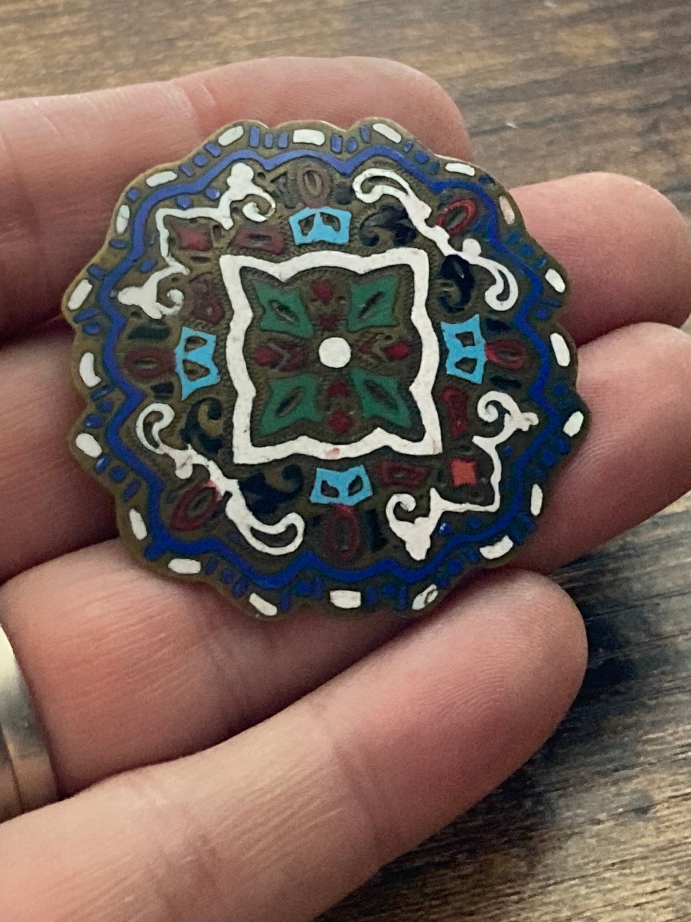 Art Deco large brass cloisonné enamel round domed brooch