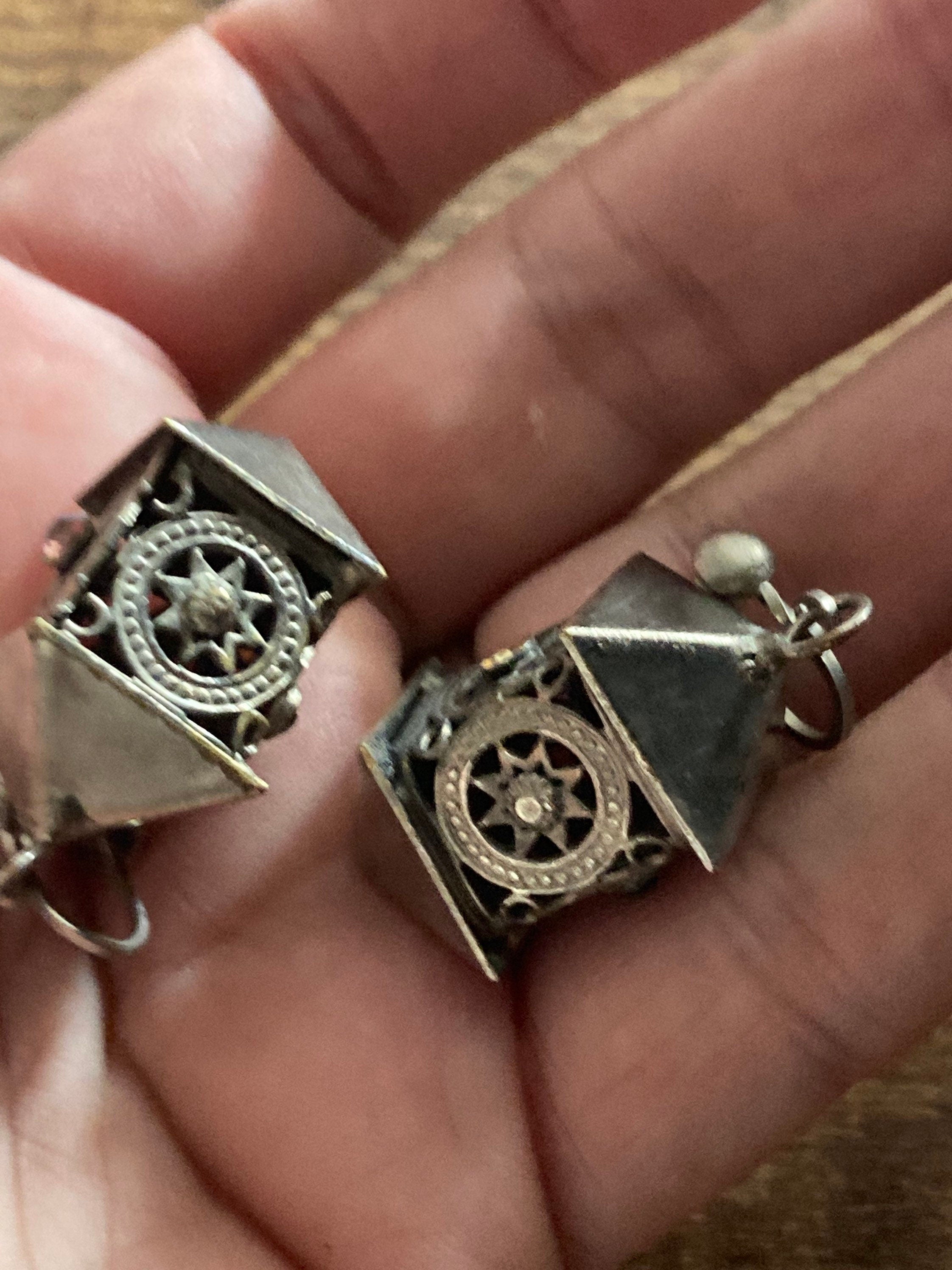 Vintage chrome Chinese lantern clip on drop earrings silver tone