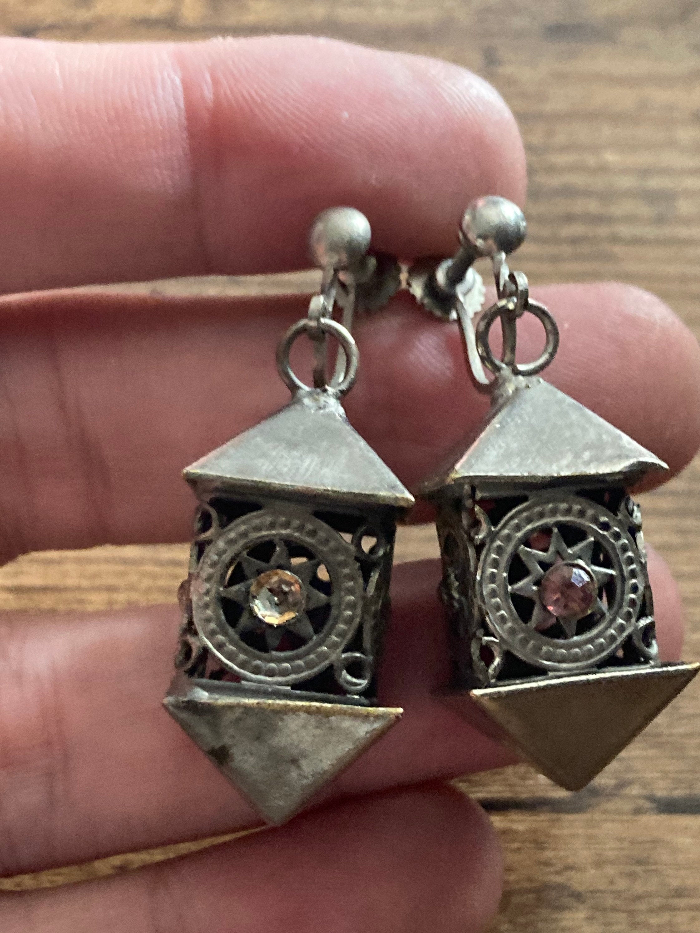 Vintage chrome Chinese lantern clip on drop earrings silver tone