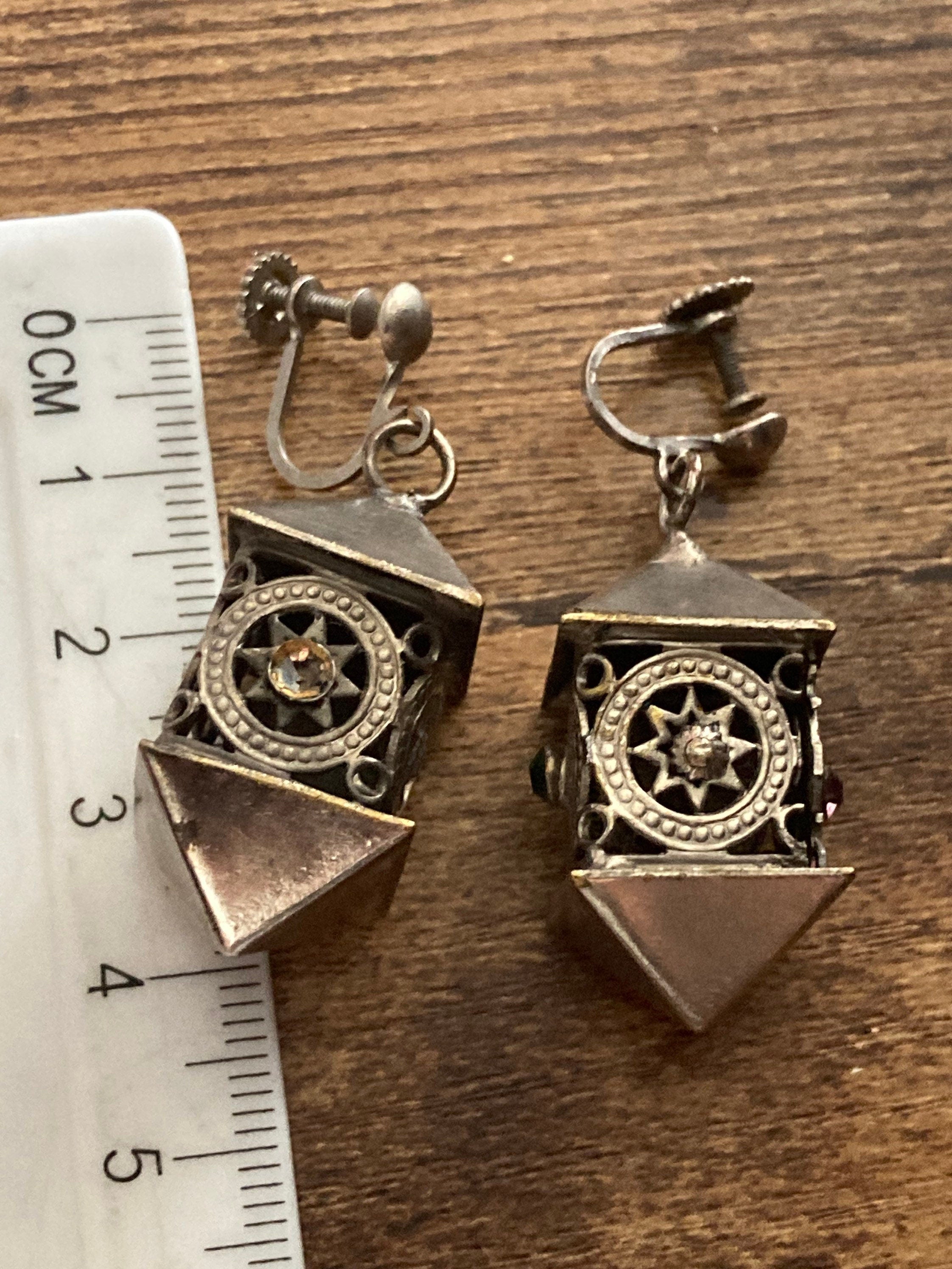 Vintage chrome Chinese lantern clip on drop earrings silver tone