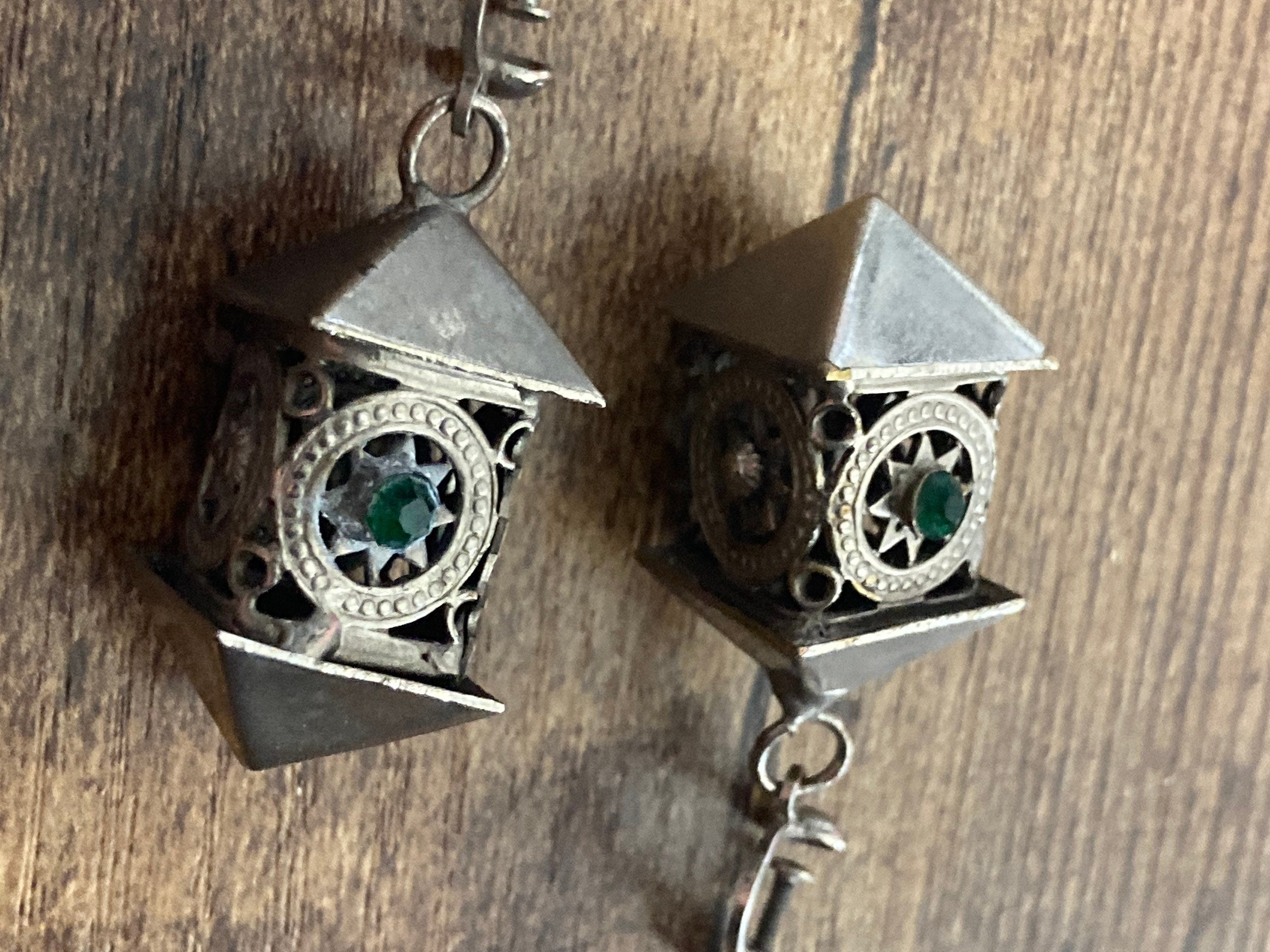 Vintage chrome Chinese lantern clip on drop earrings silver tone