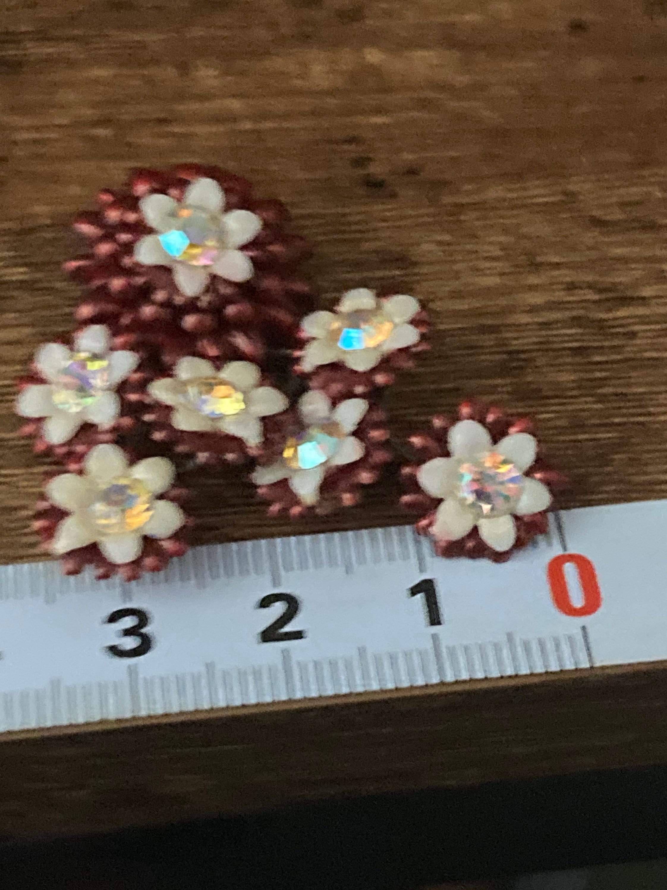 Vintage Pearl pastel deep red diamanté AB floral flower plastic Clip On Earrings