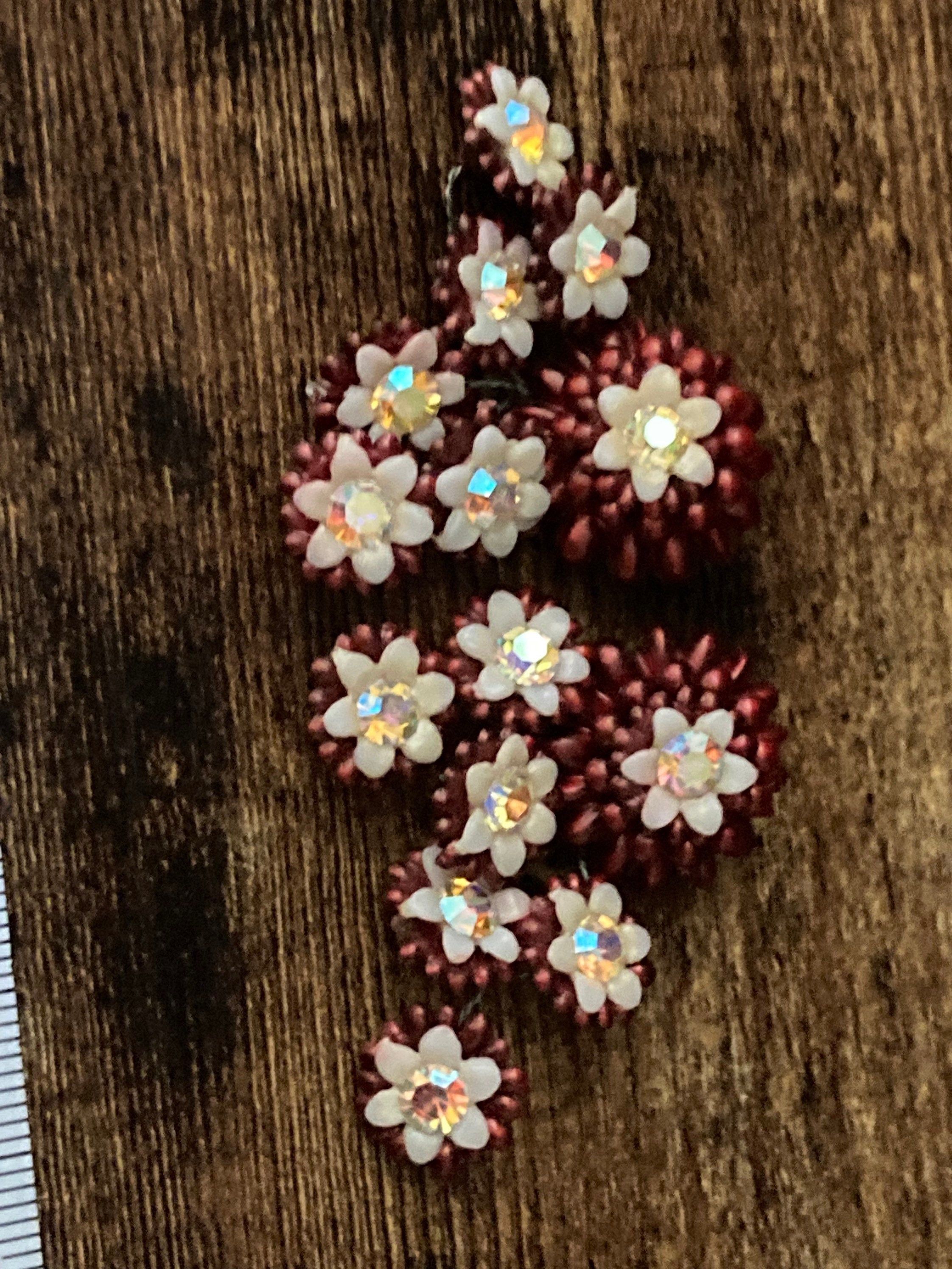 Vintage Pearl pastel deep red diamanté AB floral flower plastic Clip On Earrings