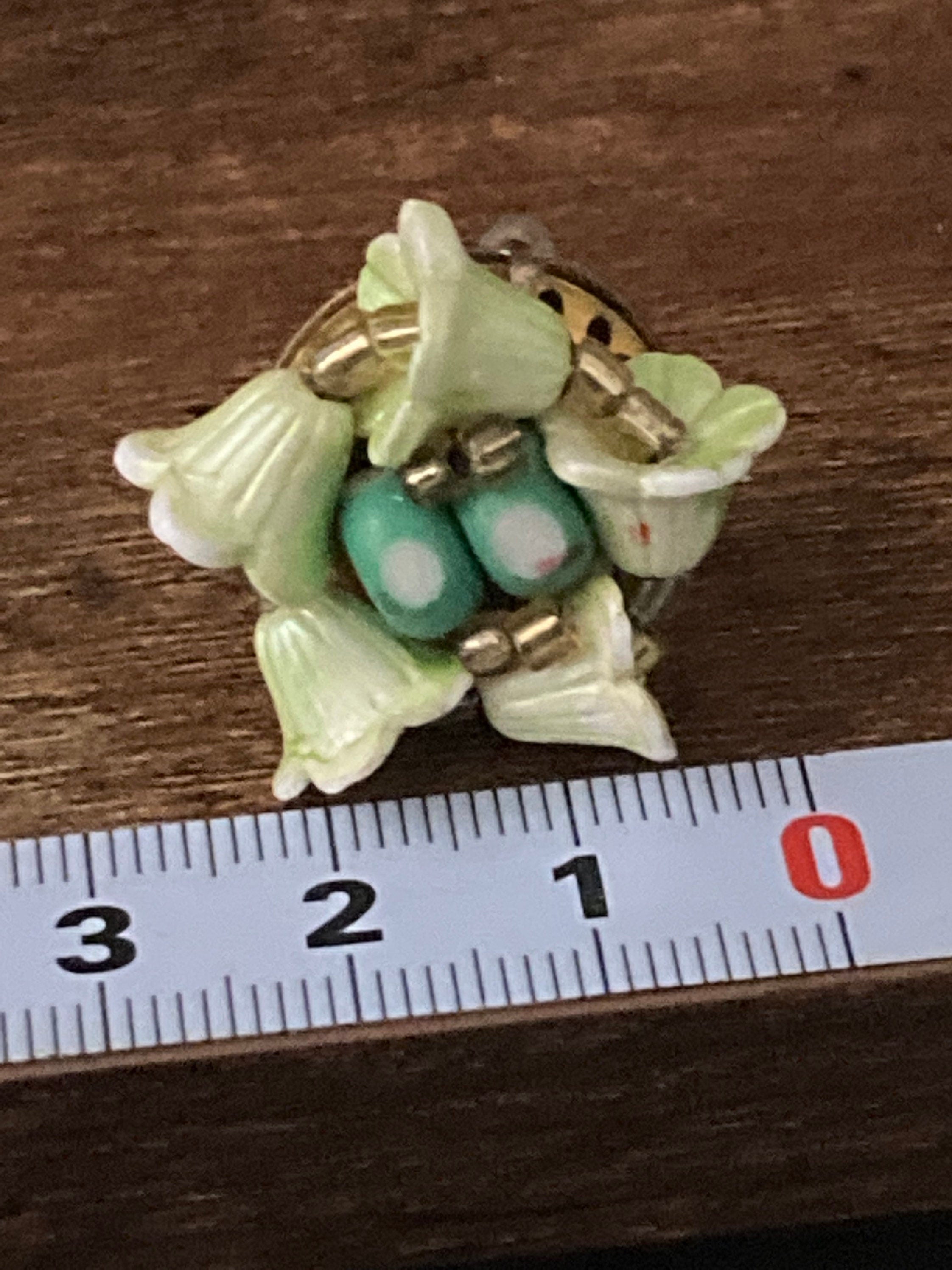 Signed JAPAN Vintage pastel green floral plastic beaded Cluster flower Clip On Earrings