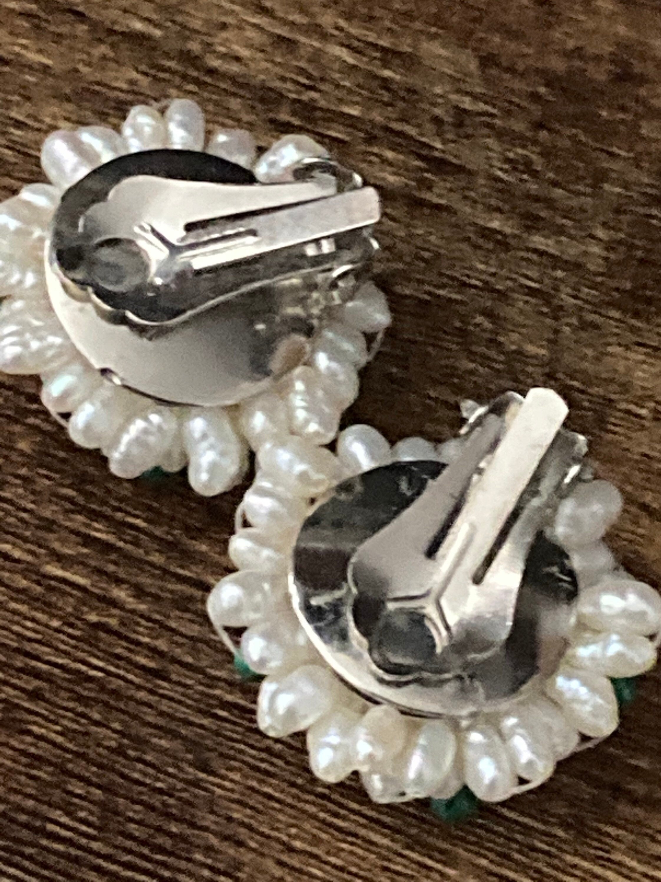 Vintage faux Pearl plastic beaded with malachite beads Cluster flower Clip On Earrings