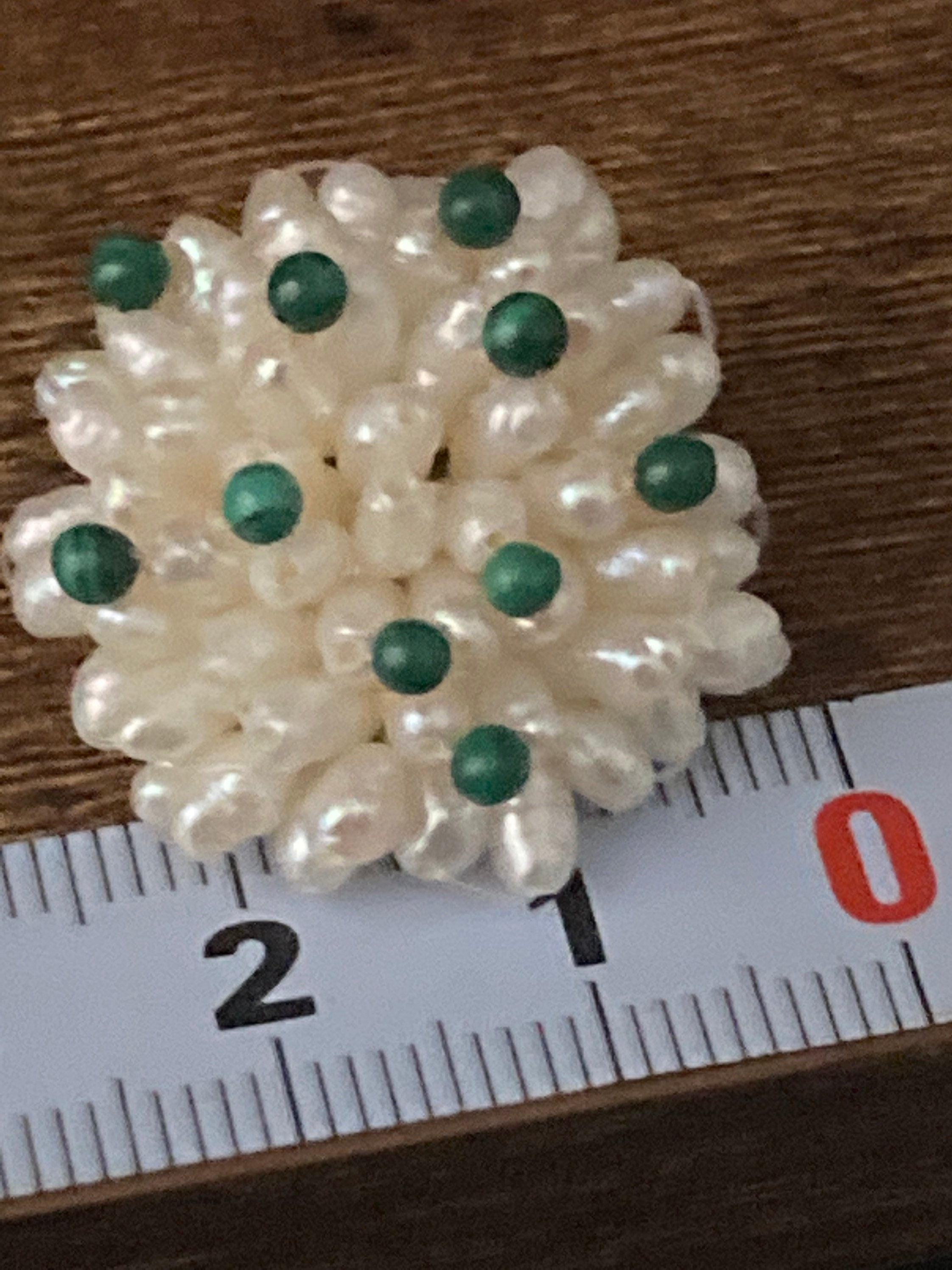 Vintage faux Pearl plastic beaded with malachite beads Cluster flower Clip On Earrings