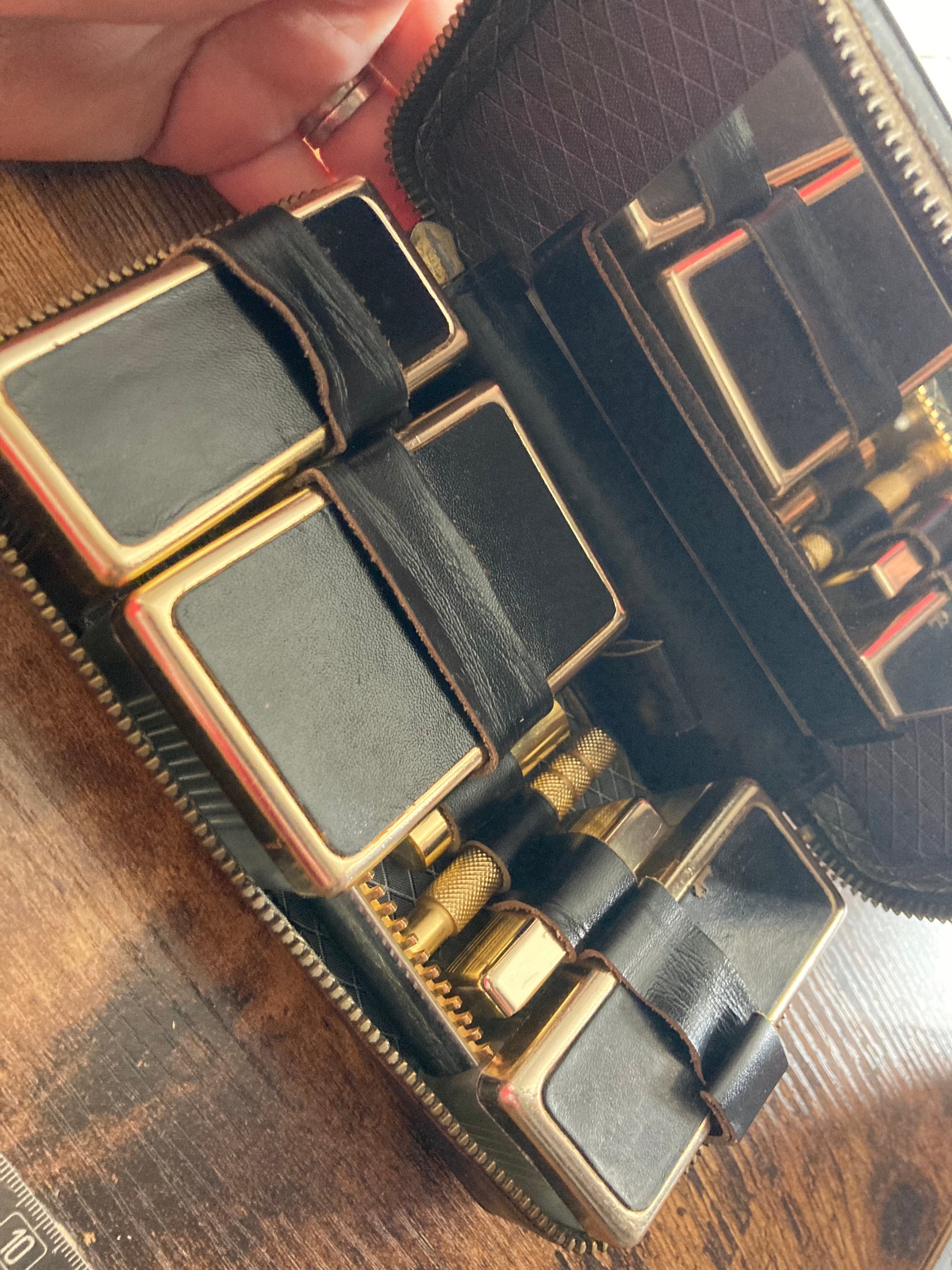 Vintage Mens black leather grooming kit set with razor