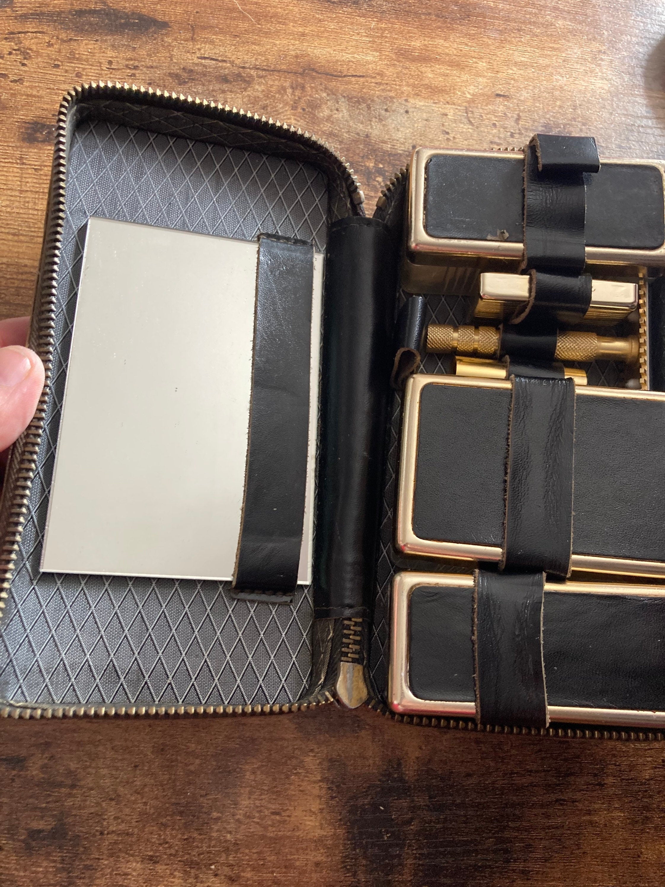 Vintage Mens black leather grooming kit set with razor