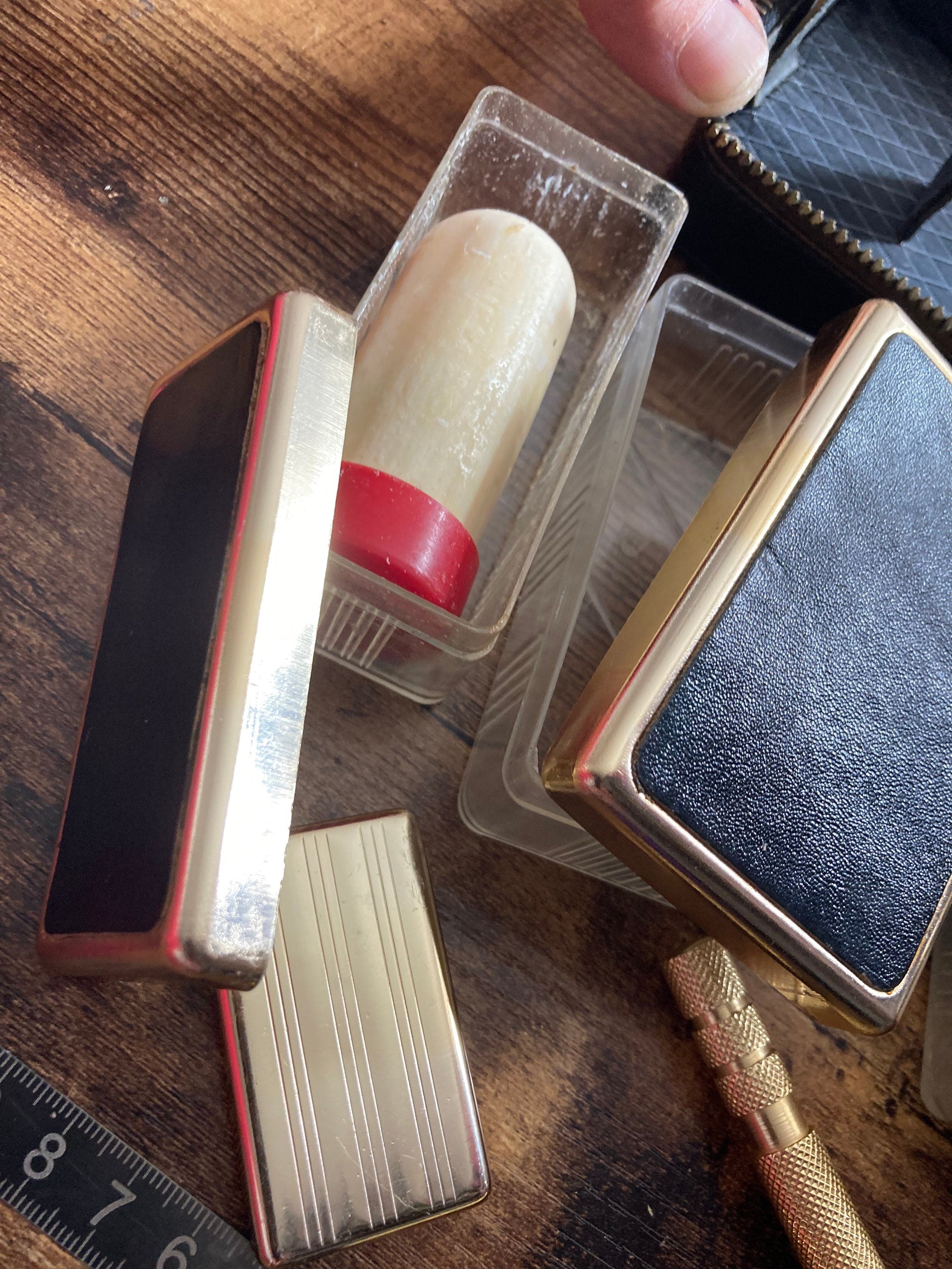 Vintage Mens black leather grooming kit set with razor