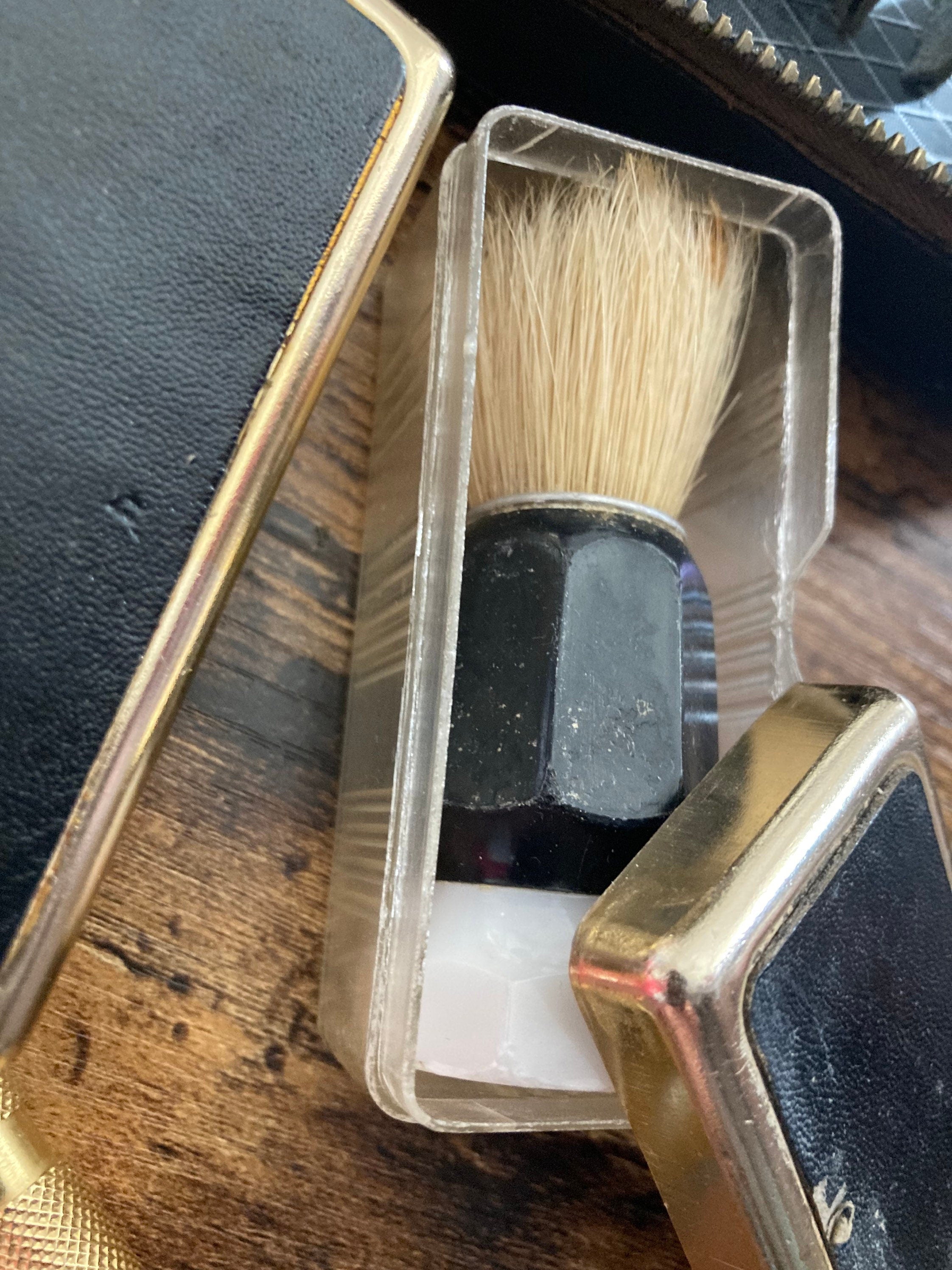 Vintage Mens black leather grooming kit set with razor