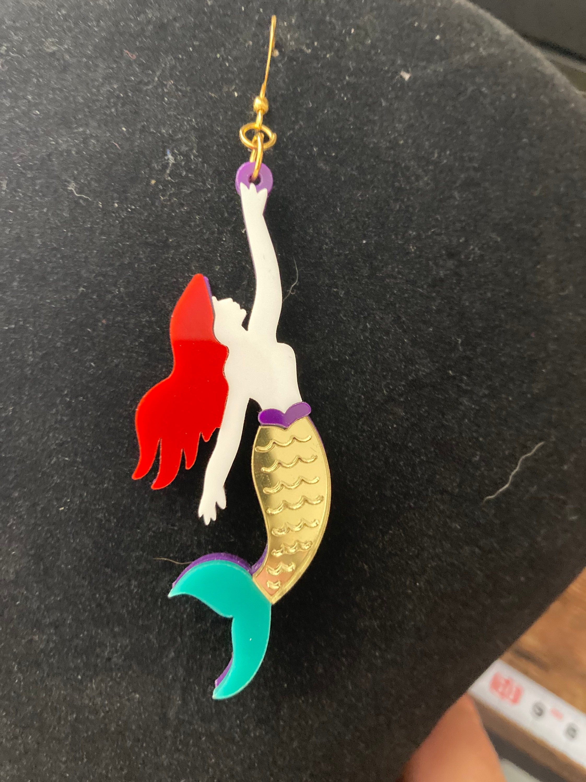Novelty gold metallic Little mermaid long drop Earrings Perspex