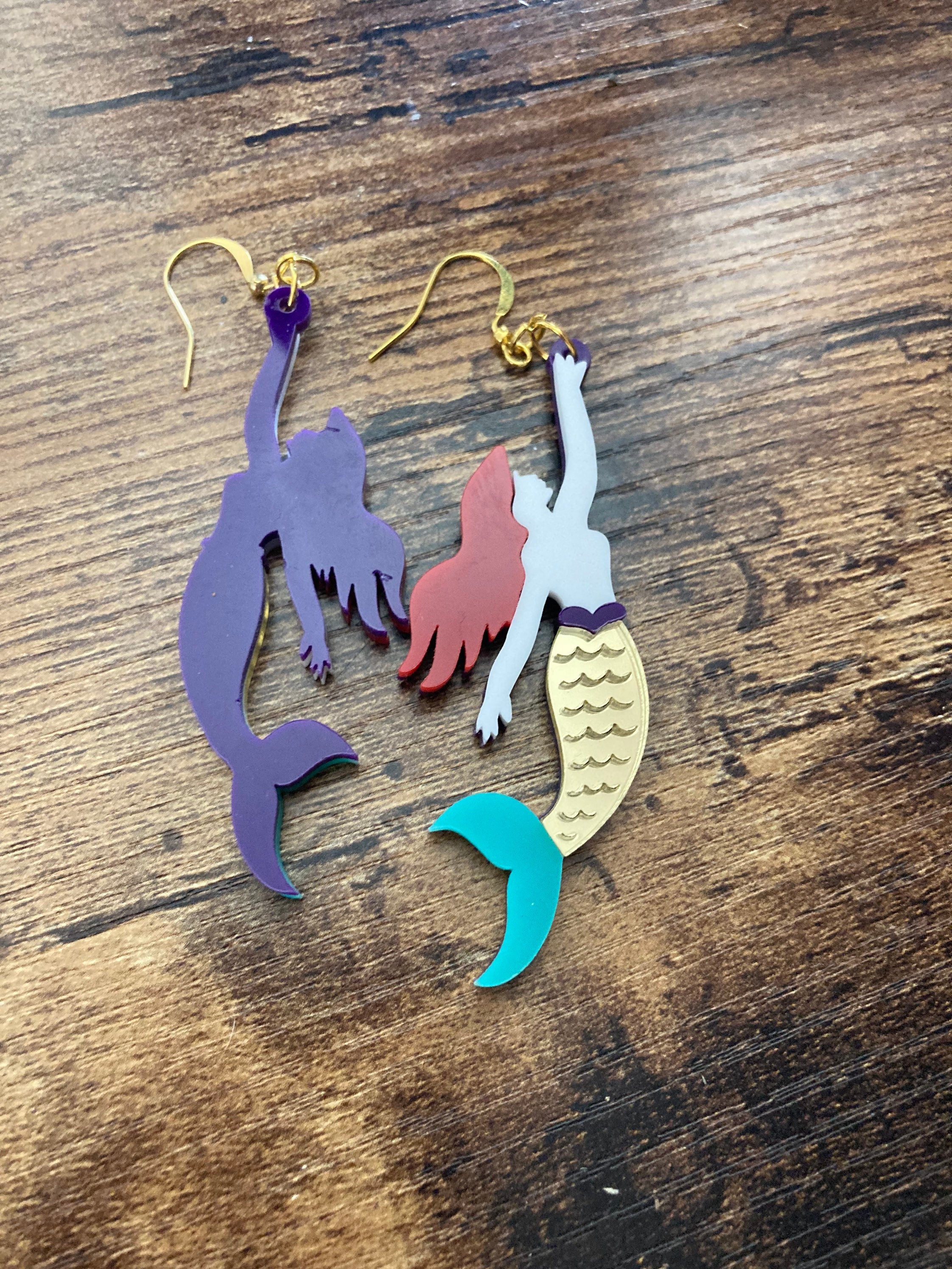 Novelty gold metallic Little mermaid long drop Earrings Perspex