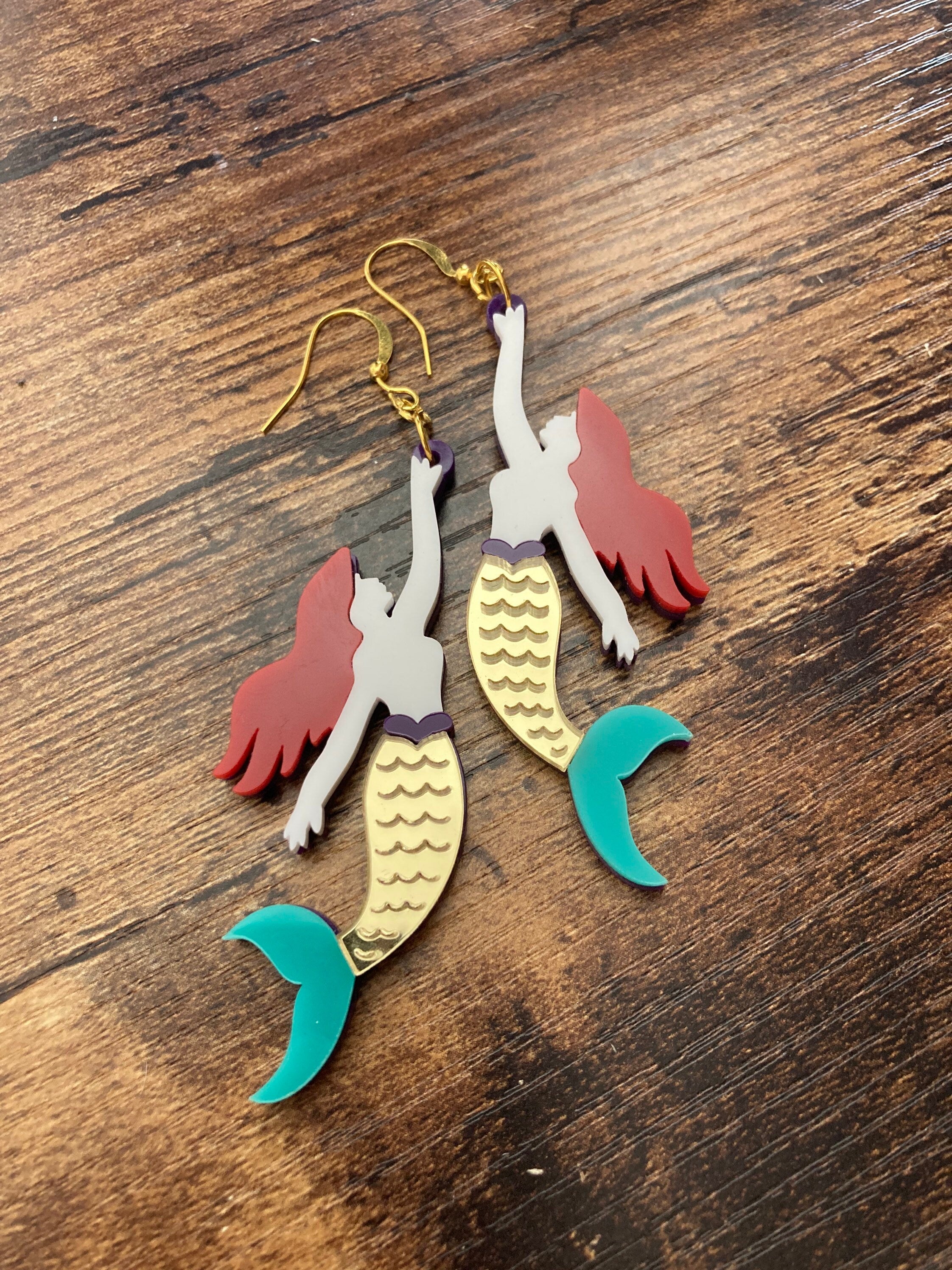 Novelty gold metallic Little mermaid long drop Earrings Perspex