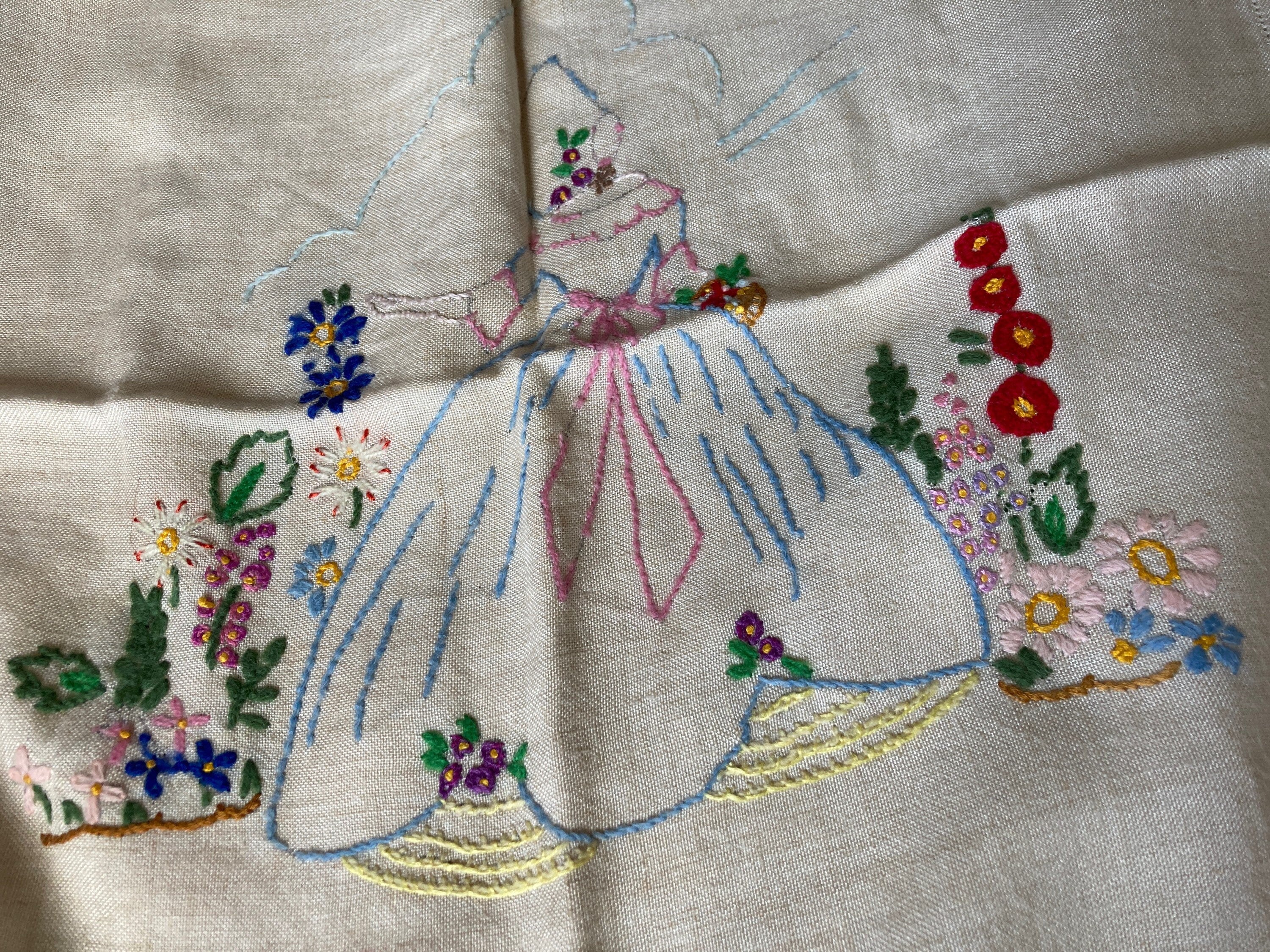 Crinoline lady Vintage beige square hand embroidered linen pillow cushion cover 18 inch