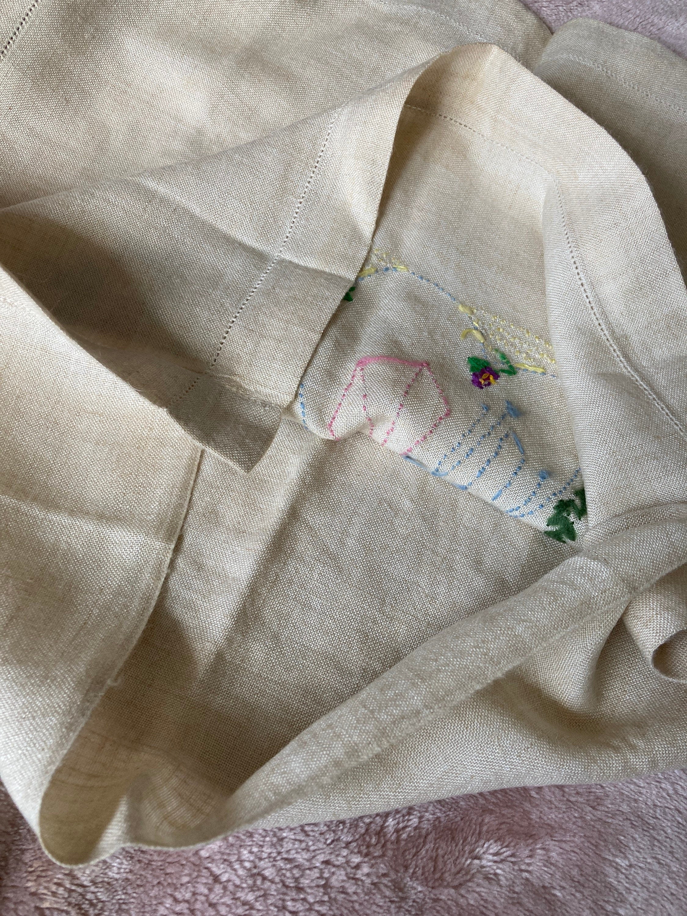 Crinoline lady Vintage beige square hand embroidered linen pillow cushion cover 18 inch