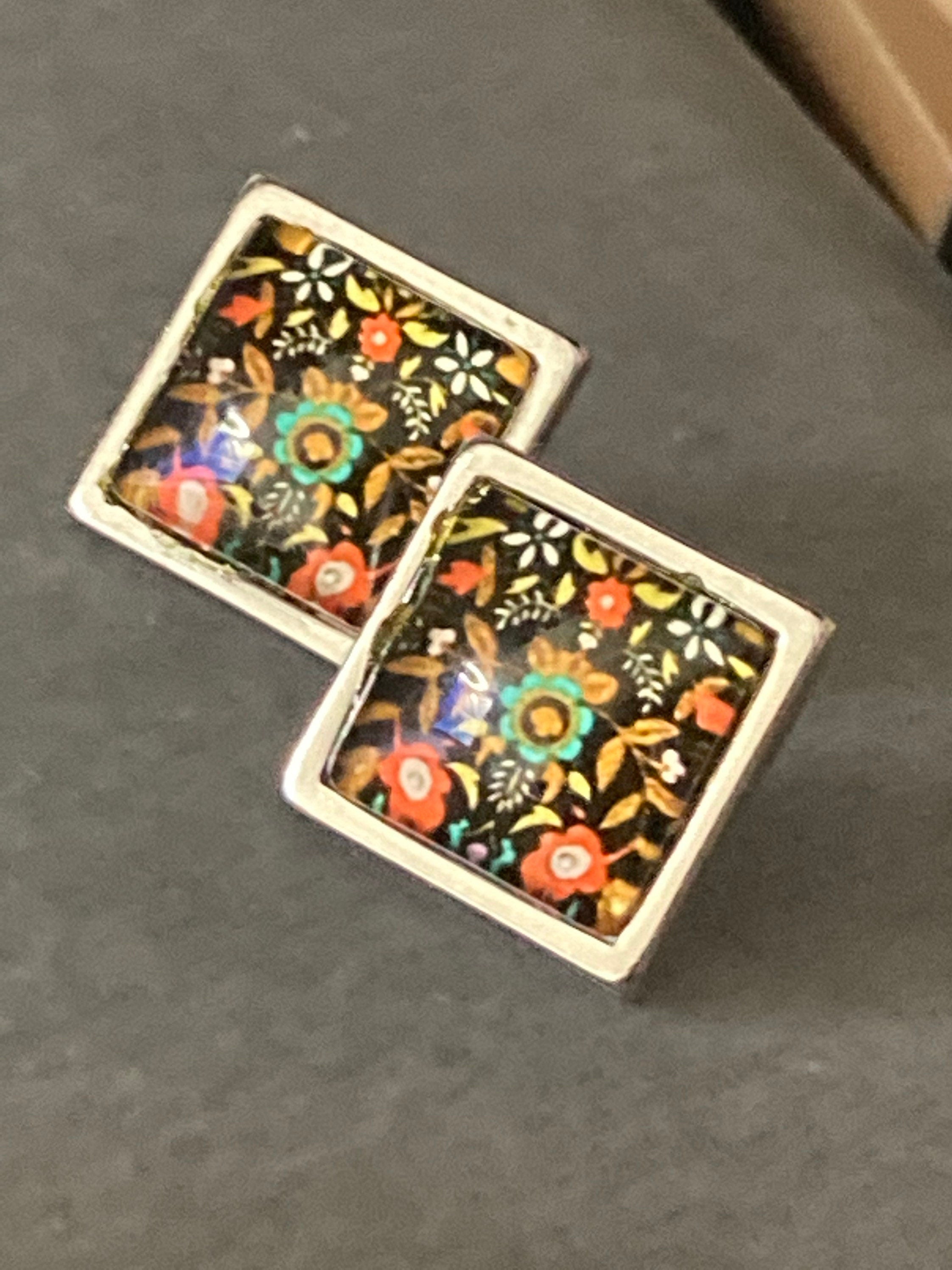 stainless steel square glass tile silver stud earrings arts and crafts style