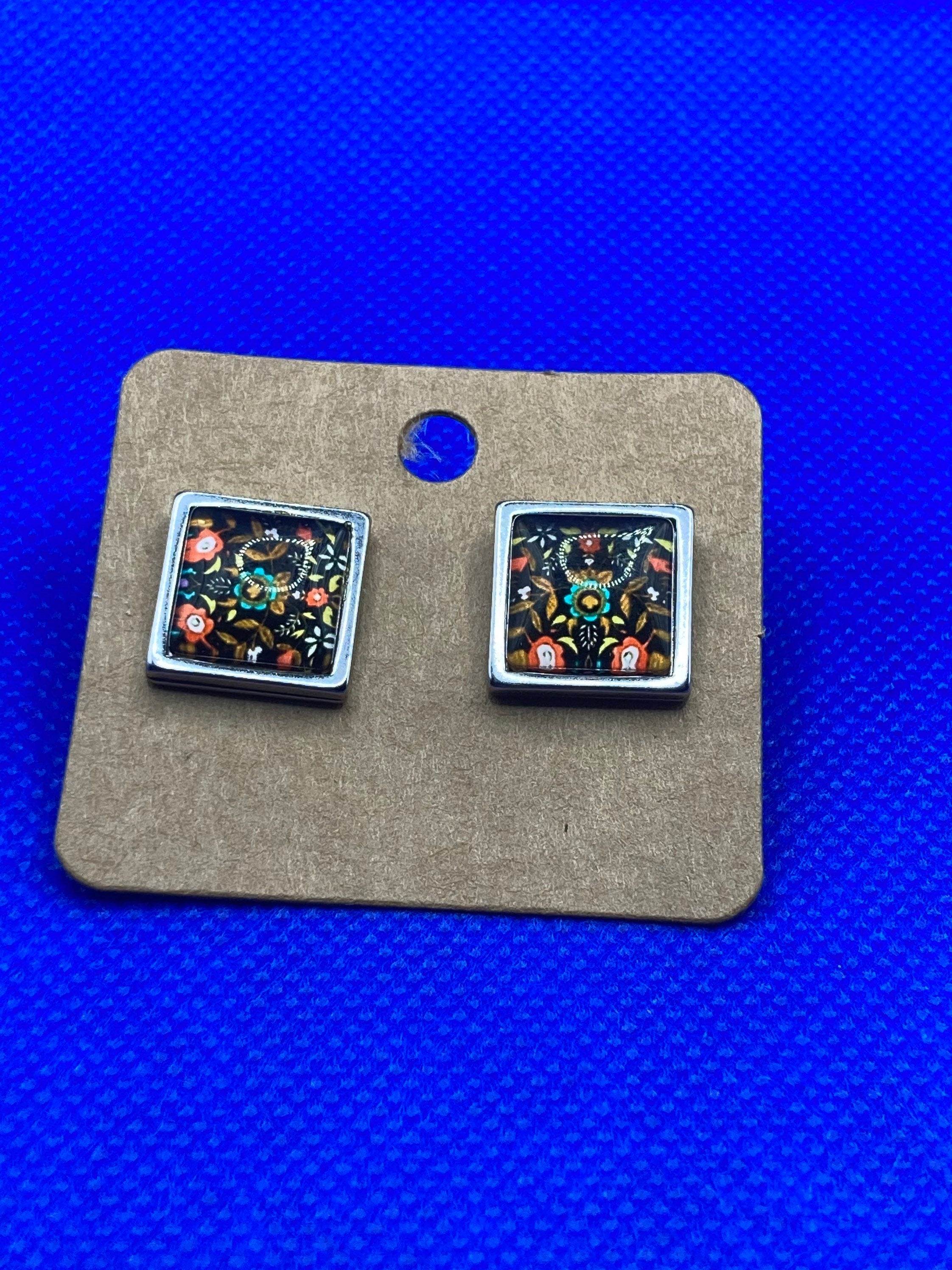 stainless steel square glass tile silver stud earrings arts and crafts style