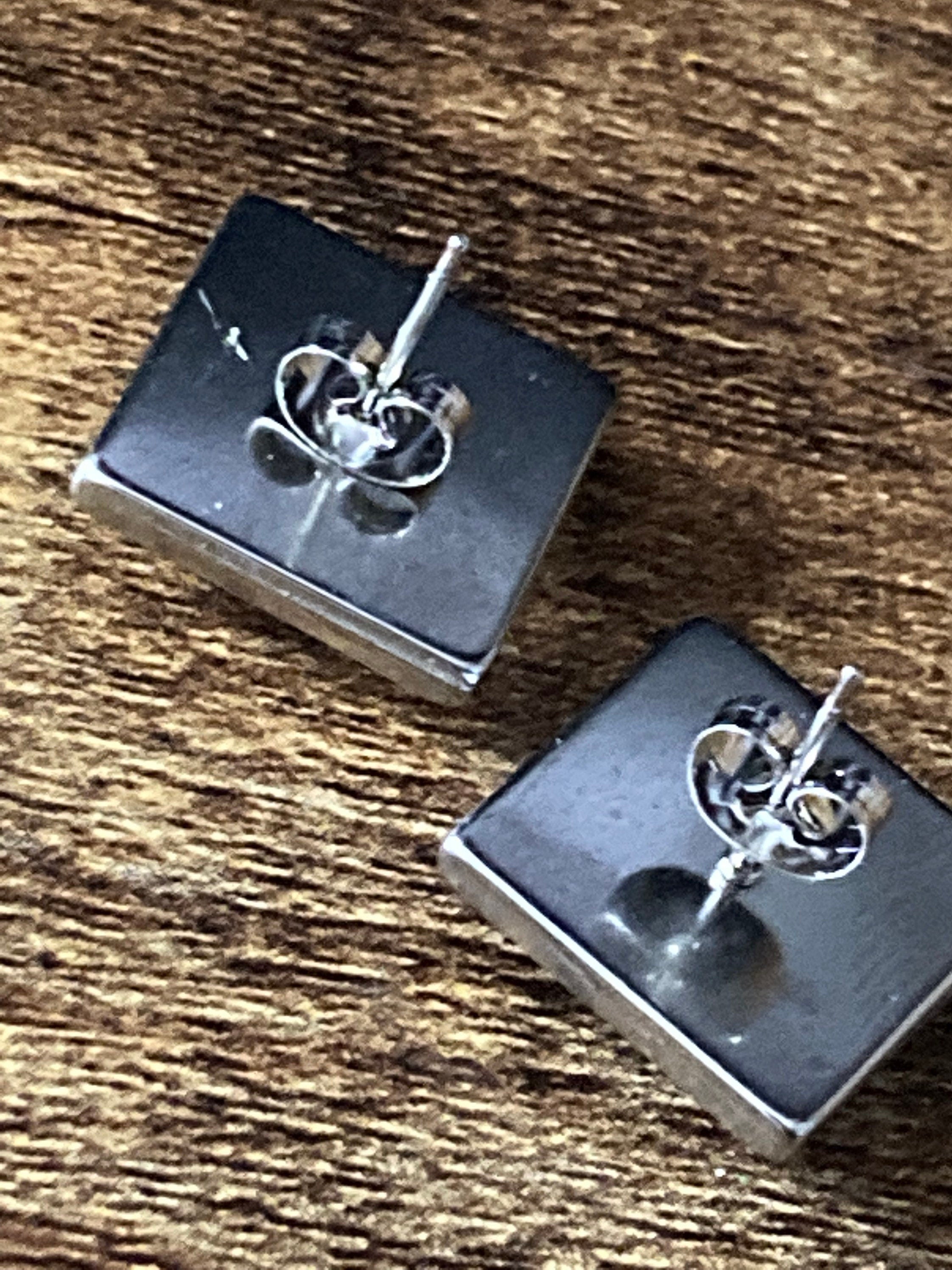 stainless steel square glass tile silver stud earrings art nouveau arts and crafts style