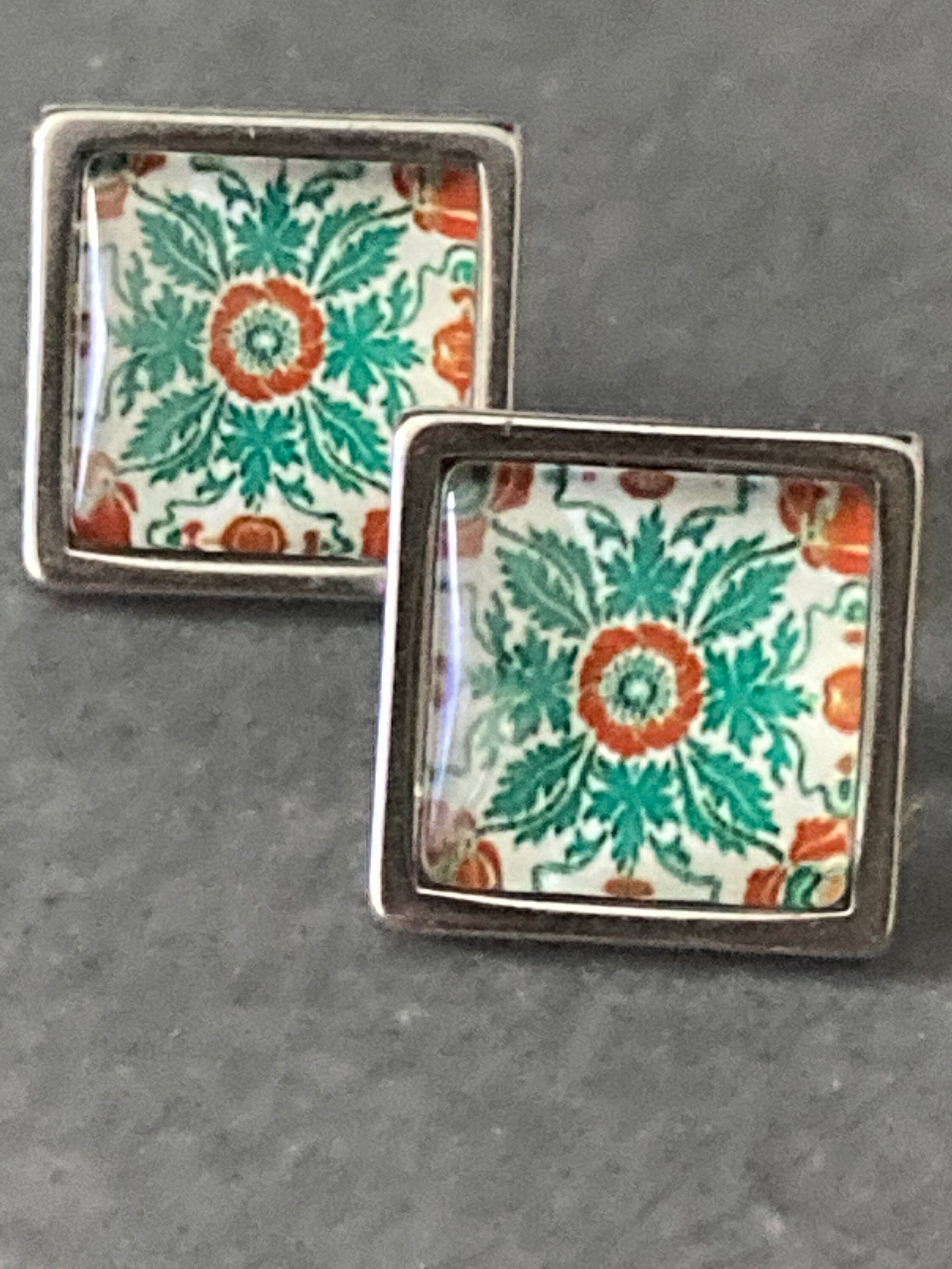 stainless steel square glass tile silver stud earrings art nouveau arts and crafts style