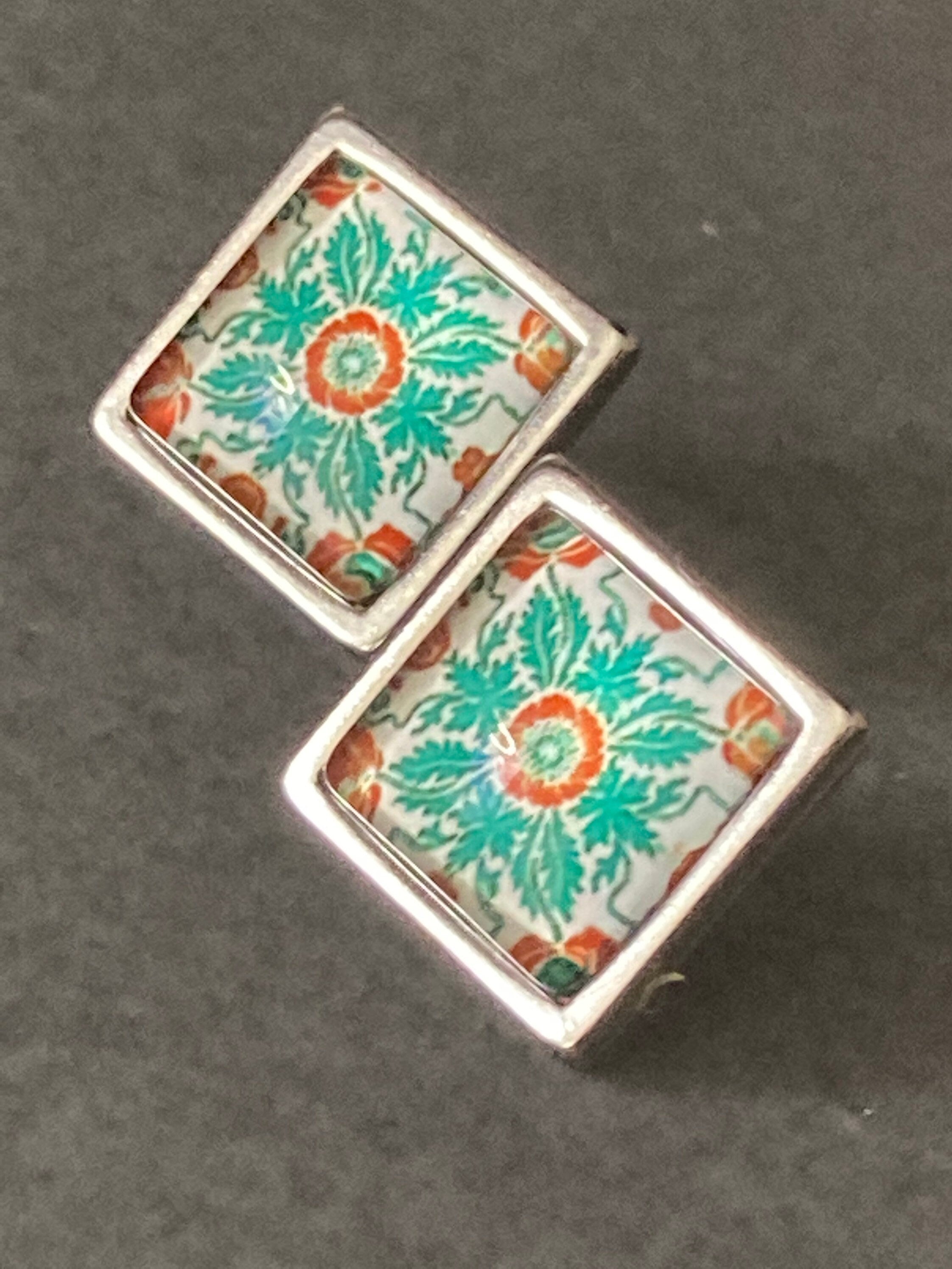Art nouveau green tile print stainless steel drop earrings