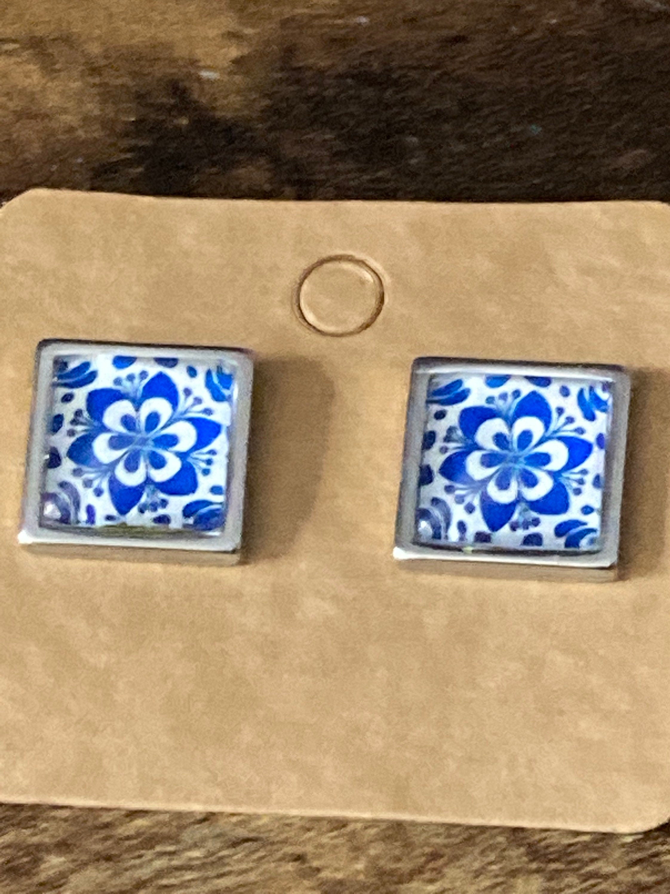 Blue and white printed glass tile earrings stainless steel studs